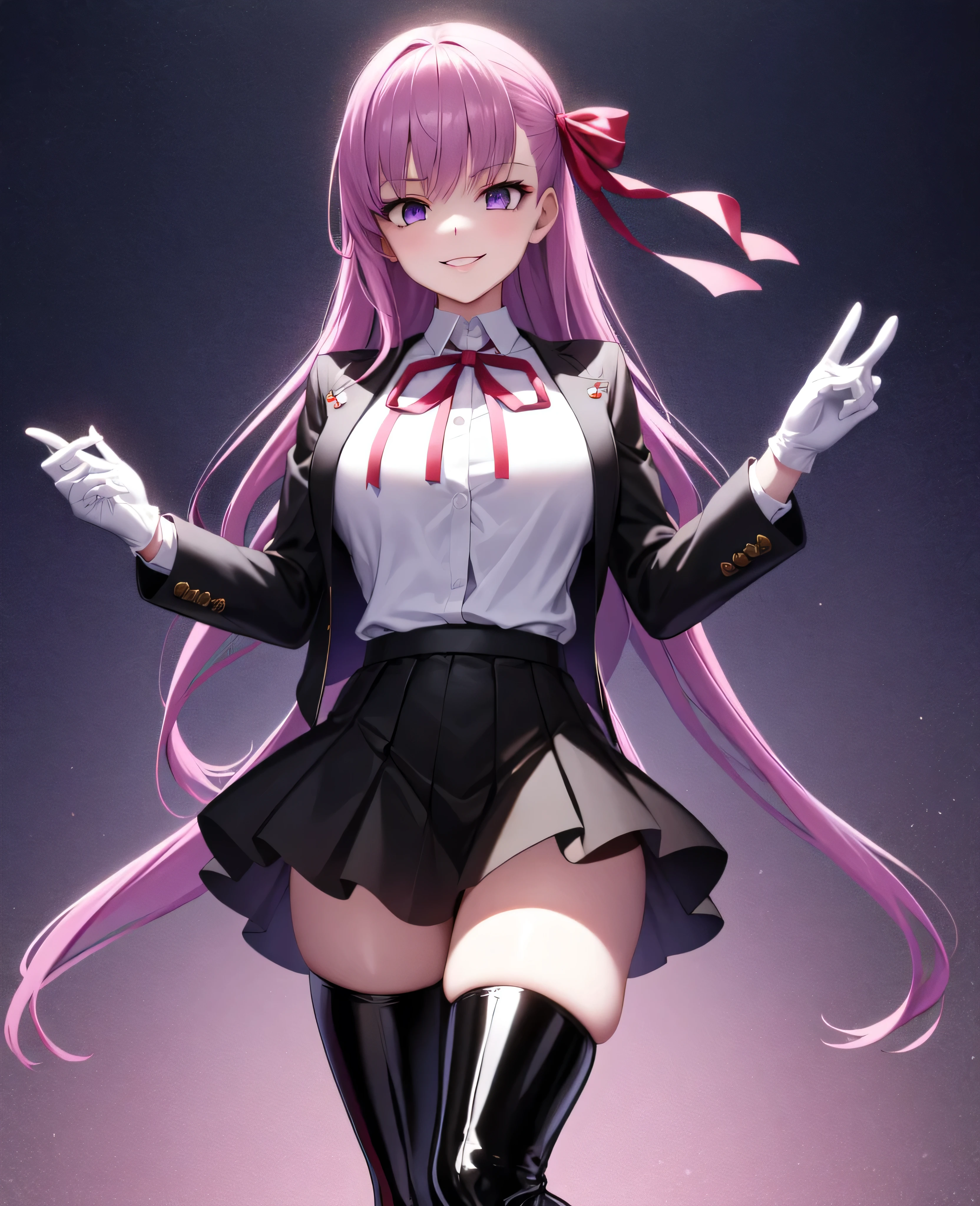  Isoscale, Mid Shot,  night, ,,, Purple Hair, Black jacket, White shirt, Black Skirt, Red ribbon, Big Breasts, Purple eyes, White gloves, Long Hair, Large collar, Wicked Smile,,shiny thigh high boots,(Wicked Smile:1.3),Highly detailed CG Unity 8k wallpaper, Perfect lighting,,Looking down at the viewer,,Anxious smile,Black and purple world background,Dark shadowed face(Eyes in the shadows),solo,Yandere,latex,masterpiece, Highest quality, High resolution, One person,View your viewers,look down,Release black darkness from your hands,Embodiment of evil,two hands,Two legs,five fingers,