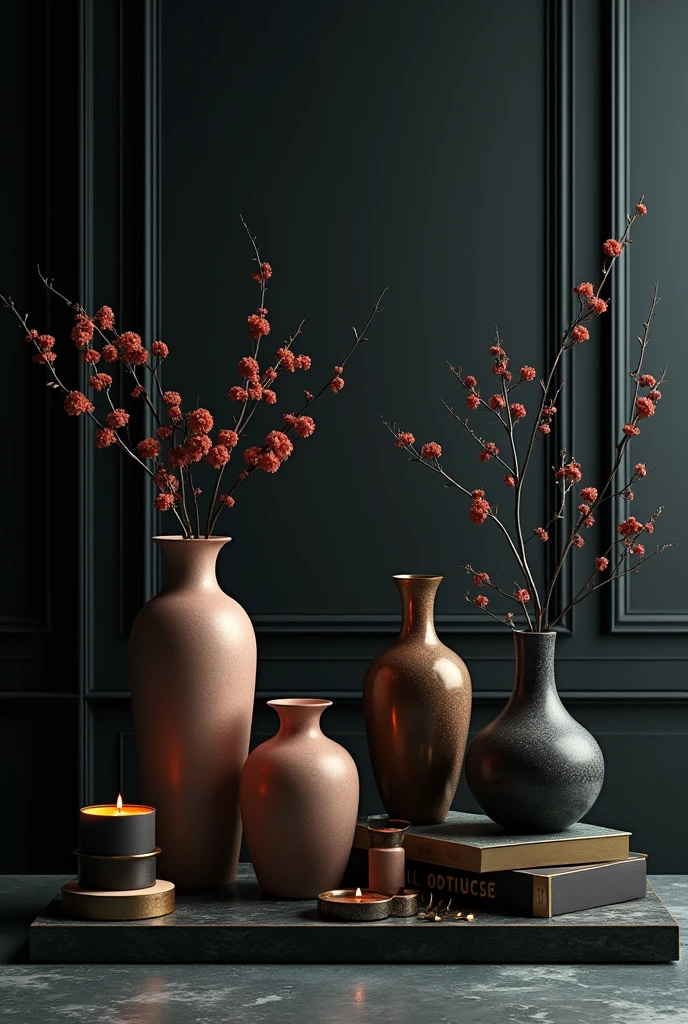 ((exhibition,Still Life Table,Artistic statues,3D sculpture,colored ceramics,Surface cracks,Broken texture)), mercy,thin neck,Show the beauty of nature.Black & Red Theme,by Kane,gold powder, This work is presented on a gray background..,Highlight its artistic qualities.Ray tracing