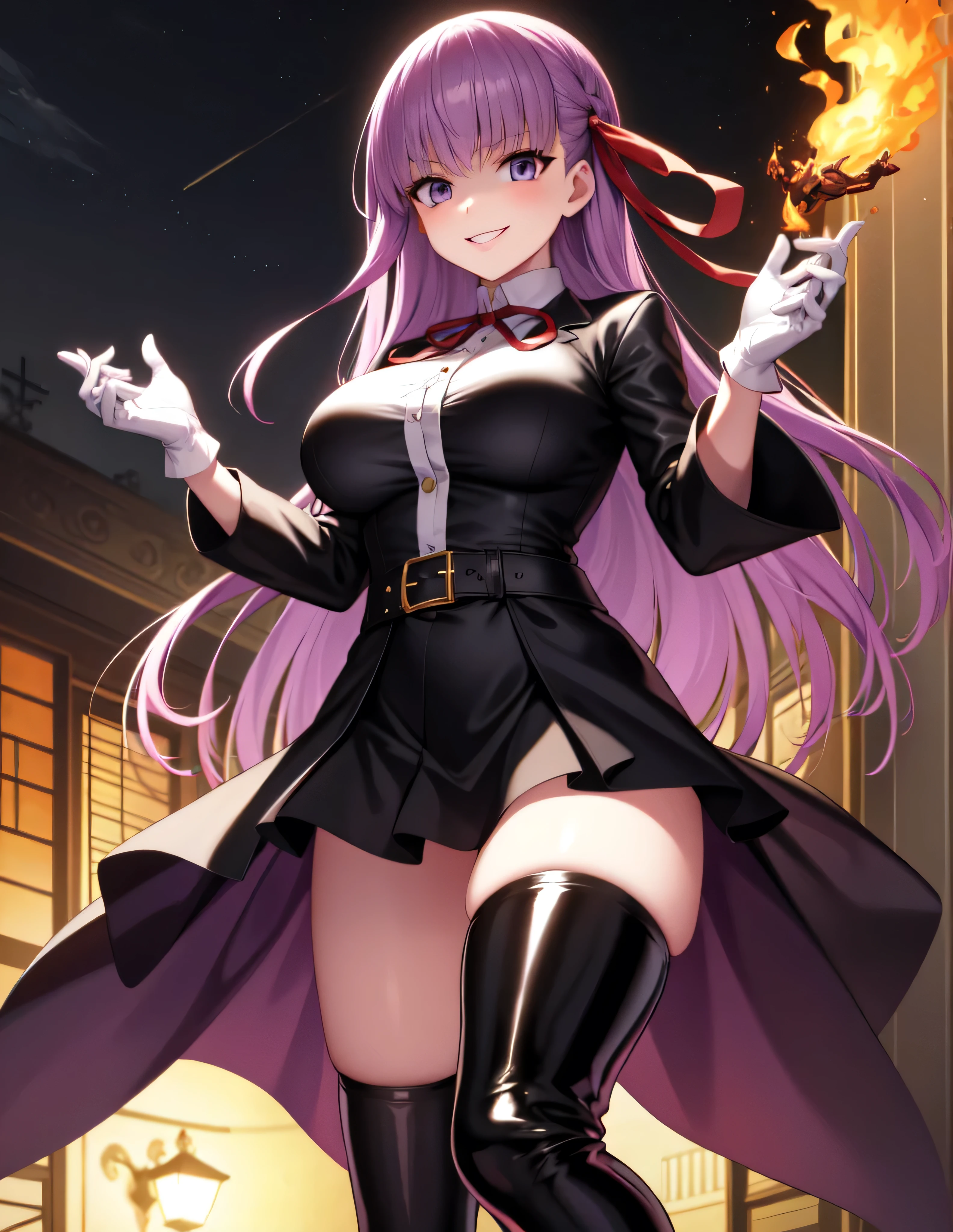  Isoscale, Mid Shot,  night, ,,, Purple Hair, Black jacket, White shirt, Black Skirt, Red ribbon, Big Breasts, Purple eyes, White gloves, Long Hair, Large collar, Wicked Smile,,shiny thigh high boots,(Wicked Smile:1.3),Highly detailed CG Unity 8k wallpaper, Perfect lighting,,Looking down at the viewer,,Anxious smile,Flame city world background,Dark shadowed face(Eyes in the shadows),solo,Yandere,latex,masterpiece, Highest quality, High resolution, One person,View your viewers,look down,Release black darkness from your hands,Embodiment of evil,two hands,Two legs,five fingers,