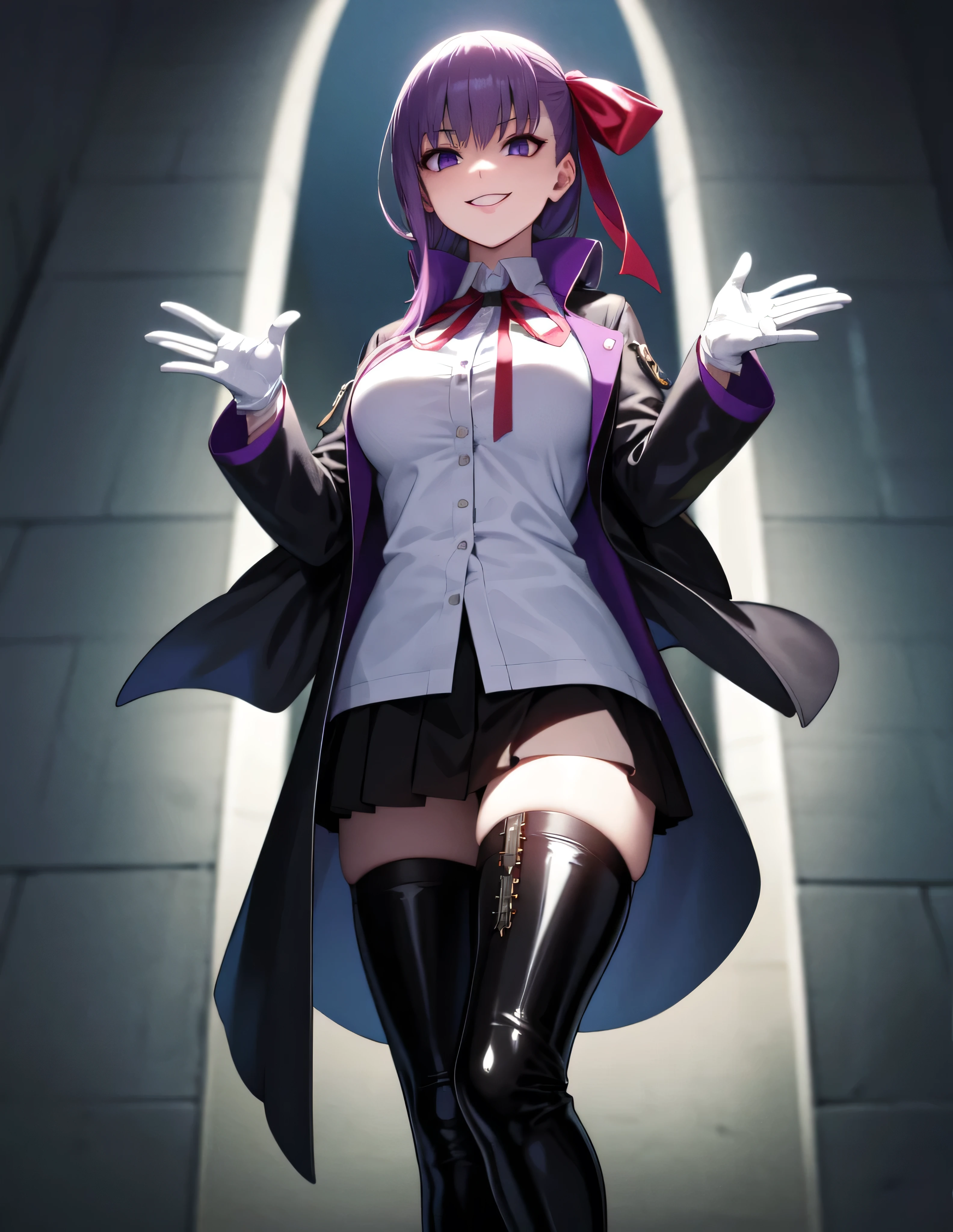  Isoscale, Mid Shot,  night, ,,, Purple Hair, Black jacket, White shirt, Black Skirt, Red ribbon, Big Breasts, Purple eyes, White gloves, Long Hair, Large collar, Wicked Smile,,shiny thigh high boots,(Wicked Smile:1.3),Highly detailed CG Unity 8k wallpaper, Perfect lighting,,Looking down at the viewer,,Anxious smile,Flame city world background,Dark shadowed face(Eyes in the shadows),solo,Yandere,latex,masterpiece, Highest quality, High resolution, One person,View your viewers,look down,Release black darkness from your hands,Embodiment of evil,two hands,Two legs,five fingers,