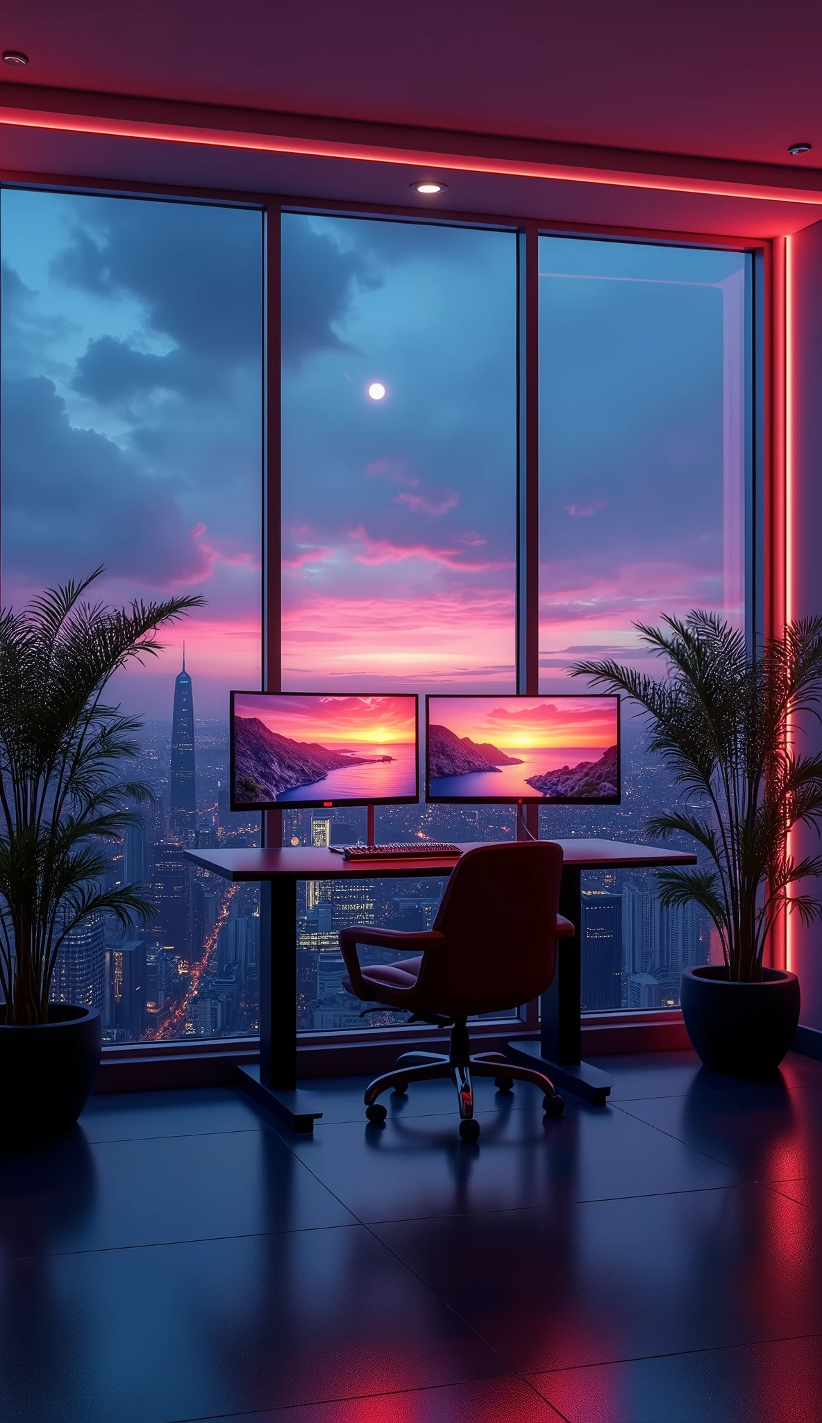 2 monitors、Sunset and sea view、White Screen、Large monitor、Room with a night view、skyscraper、Monitors are placed vertically、Stylish room、Black and blue dim room、Neon color、High resolution, Highest quality, masterpiece, Widescreen, detail, High detail, High-resolution model, clair obscur, Realism, Surrealism, 