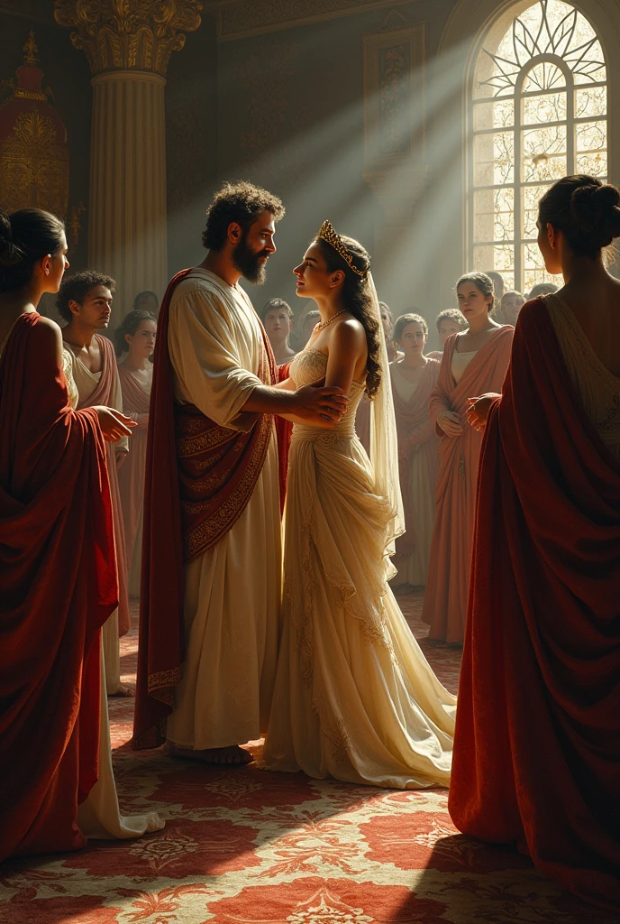 masterpiece, 最high quality, high quality, Highly detailed CG Unity 8k wallpaper, A happy couple、Emperor Constantine the Great of Rome, eternal love with Minervina, scenes of happy lovers, warm and strong embraces, bliss of love, excitement, lyrical, heartfelt, dramatic, romantic, beautiful white garments, golden belts, high vibrations, pure love, the splendor of Greece and Rome, the light of heavenly Jerusalem, washing of the soul, purification of the heart, healing of the body, joy, happiness of love, heartfelt smiles, the happiness of forgiveness, gratitude, thankfulness, praying for everyone for love, redemption, forgiveness, healing, and tranquility. These are events on Earth. Everyone is happily spending time in their own heavens. Also, friendly and pleasant relationships, sacred atmosphere, paradise of greenery and flowers, heaven, blessings and protection, beautiful, shining, ultra-high quality, ultra-high resolution, ultra-fine, ultra-beautiful, masterpiece.
