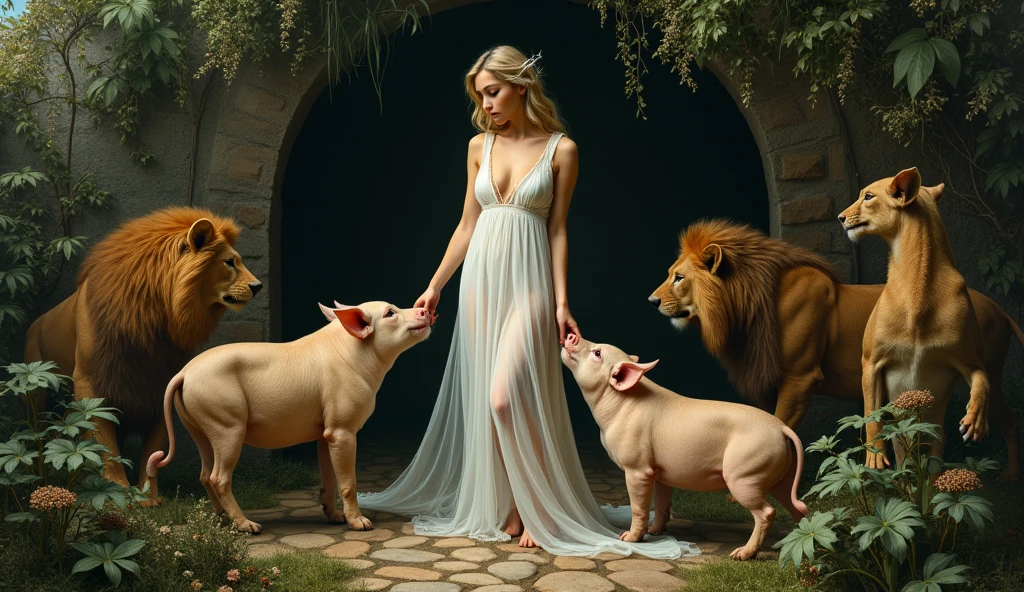 caravaggio painting; Circe witch; caravaggio painting; madeline miller; with her pig and leon; island of Circe; Godess; realism; circe is working in her garden; mistery; strenght; beautiful women; circe is collecting ingredients to do her potions