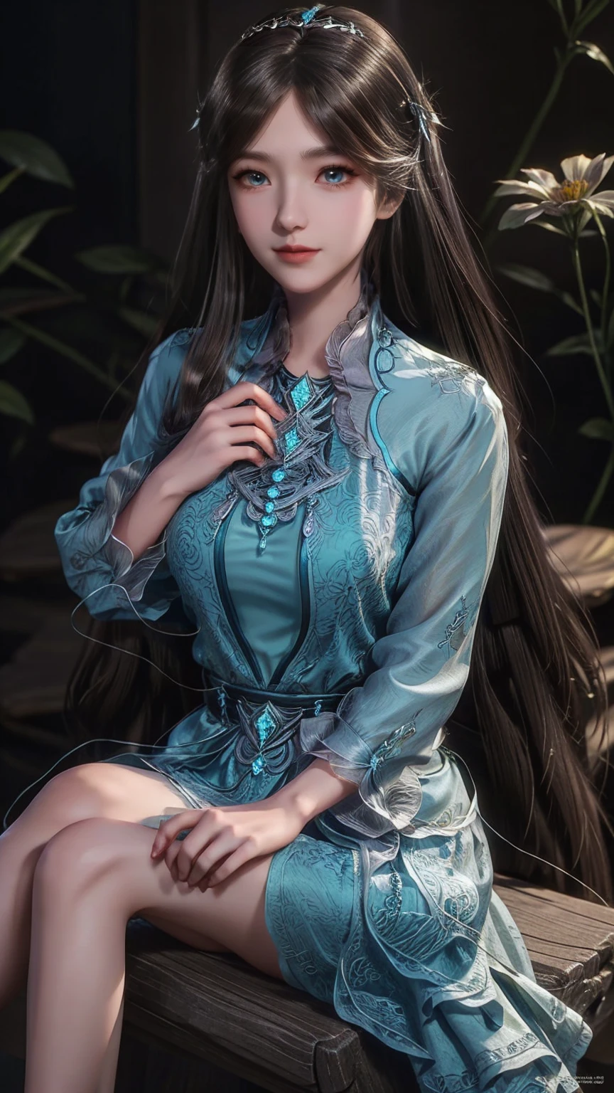 1girl, girl with long brown hair, smiling, cheerful, girl is sitting among a wide expanse of flowers, surrounded by beautiful flowers, Calm and peaceful atmosphere, night, moonlight , Beautiful glowing butterflies surround the girl lighting up the darkness of the night, magic,Romantic, the night breeze blows the Sepoi Sepoi girl's hair, 