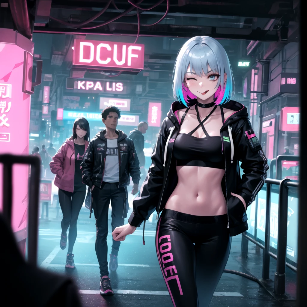 masterpiece, best quality, absurdres, (cables connected mecha clothes:1.2), (cyberpunk, neon lights:1.2), lu1 cyborg, multicolored hair, makeup, (grey eyes), medium breasts BREAK (open jacket, neon hoodie jecket), neon sport bar, midriff, (slender:0.7), collarbone, (linea alba:1.2), (abs:0.75), navel, navel, running pants,  , hologram, looking at viewer, (detailed eyes, tsurime:1.1) wink, one eye closed, playful smile, (tongue out:1.2), nice hands, perfect hands, Beautiful Finger, BREAK  (cyberpunk, neon trim, neon lights:1.2), neon city, holographic interface, hologram, (neon cables:1.3), (Deep Depth Of Field:1.2), (perfect anatomy), Volumetric Lighting