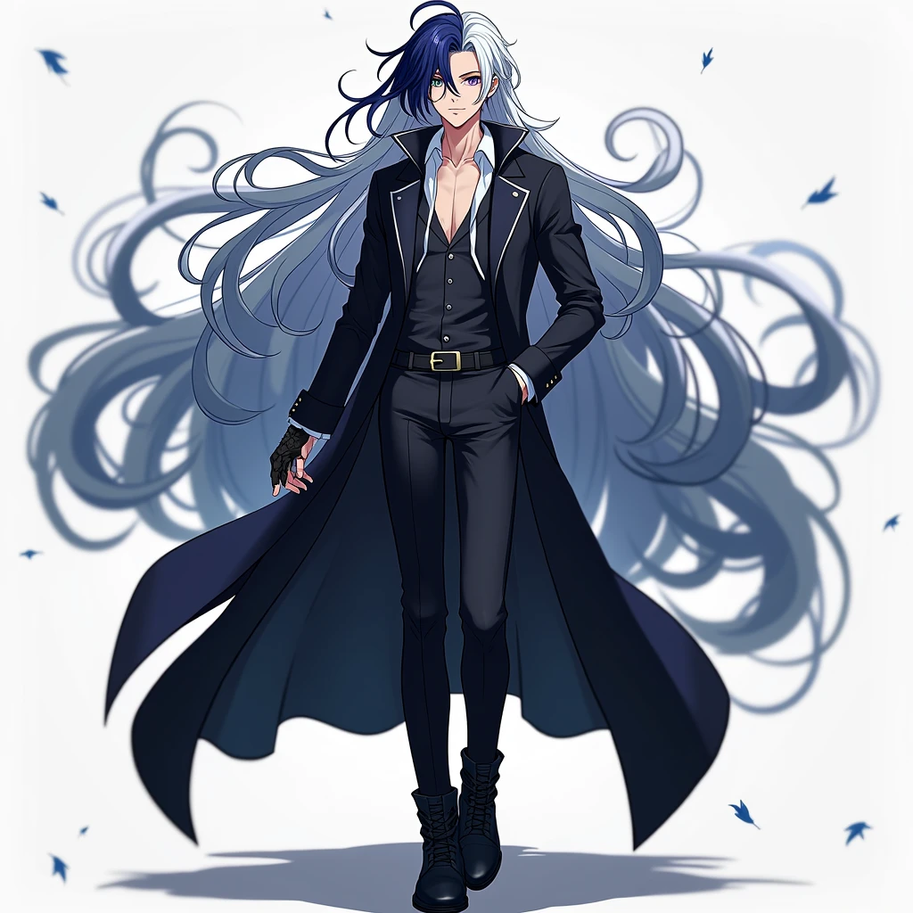 adult man, Long black hair, eyes without pupils, blue skin, Thin, open torso, Tatoo, Demon Pants, spear, emotionless look, blue lipstick, Masterpiece, hiquality