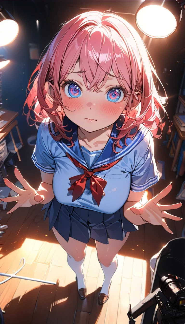 High Quality, Masterpiece, IncrsPurple, <lora:HollowPurpleMemeV2:1.1>, glowing:1.3, purple background, upper body, <lora:Degen-EmilyV2:0.7> emily, short hair, twintails, pink hair, blue eyes, hoop earrings, short necktie, bare shoulders, cleavage, strapless, black crop top, bare arms