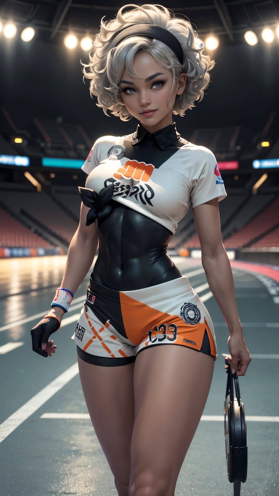 Bea da pokemon,(best qualityer,4K,8k,high resolution,work of art:1.2)(weather: windy), sport stadium background, short curly hair, gray hair, cropped shirt, micro shorts, thigh high stockings, headband, gloves, leotard, ultra detailed,realistic,beautiful detailed gray eyes, beautiful detailed lips,extremely detailed eye and face, long eyelashes,average,large breasts,flying hair,beaming smile, sexy smile, running, bright coloured, dramatic lighting,