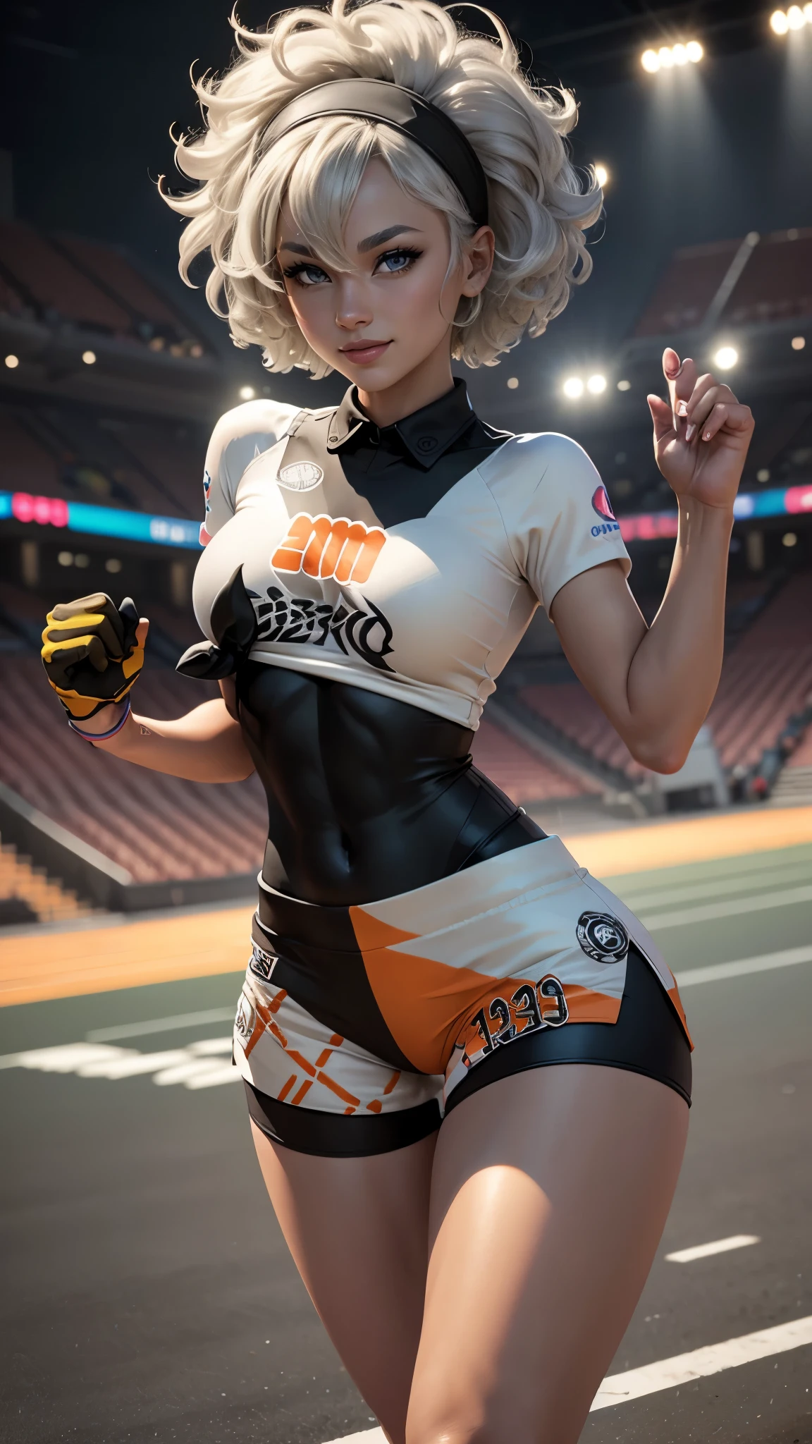 Bea da pokemon,(best qualityer,4K,8k,high resolution,work of art:1.2)(weather: windy), sport stadium background, short curly hair, gray hair, cropped shirt, micro shorts, thigh high stockings, headband, gloves, leotard, ultra detailed,realistic,beautiful detailed gray eyes, beautiful detailed lips,extremely detailed eye and face, long eyelashes,average,large breasts,flying hair,beaming smile, sexy smile, running, bright coloured, dramatic lighting,
