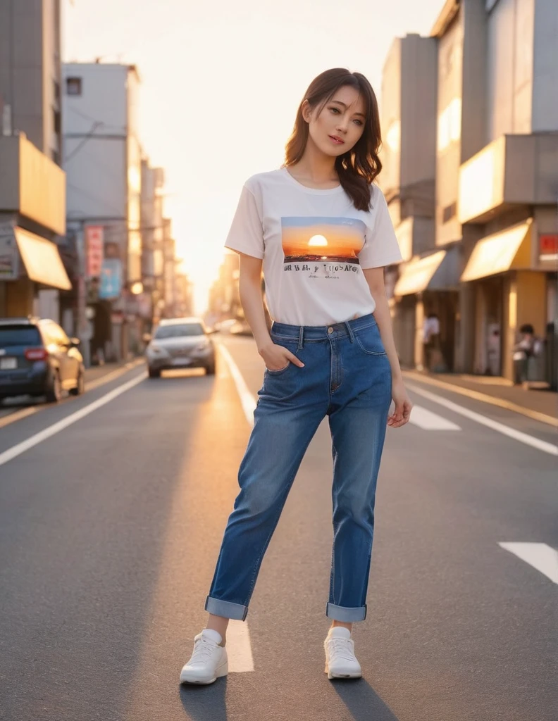 One Woman, Anatomically correct, Well-formed face, Dress code: Jersey and jeans, The upper body is wearing a jersey, He is wearing jeans on his lower body., The End of Japan, Fallen City Streets々was covered in, Beautiful sunset, that&#39;Like art, colorful