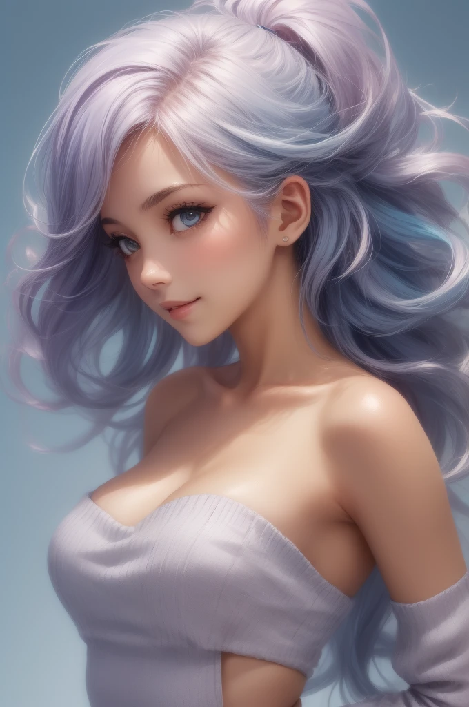 illustrator, anime , realistic , sketch , 1 girl , lip , strapless sweater with bare shoulders and a deep neckline, waist-up view of the body, order , Blue gradient background , light pastel colors light blue pink bright hair, Textured trim , long wavy hair, Canadian , (masterpiece,Best quality) , glamour shot, Impact angle on landing, Shot at eye level, low angle shot, active pose, Dynamic angle, flirting, smile, stunningly beautiful, perfect face, medium breast, Smooth skin, silk leather, sensual, seductive body language, back view, come back,  