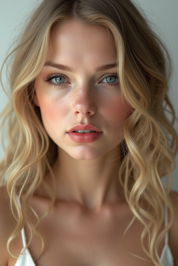 beautiful lady, freckles, dark makeup, hyperdetailed photography, soft light, dark makeup,, best quality, (detailed beautiful face, detail skin texture, ultra-detailed body:1.1),, massive perfect breast, ((naked perfect breast)),,, blonde lady, mature,