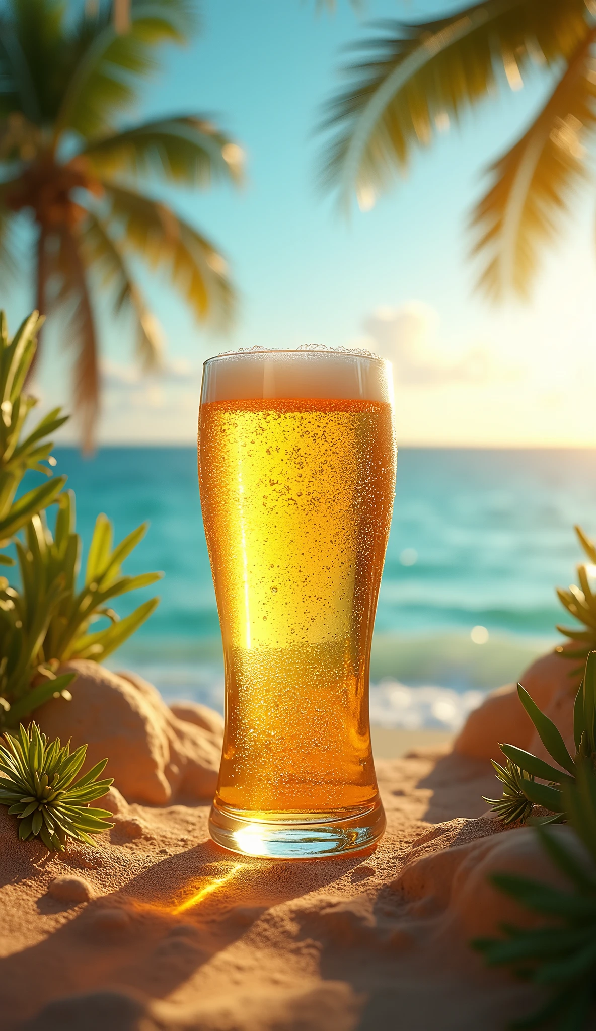 Crystal Glass、blue sea、palm、Golden Beer 、Chilled glass、Beer 、Beautiful beer、Sparkling、Summer sea in the background、The blazing sun、Neon color、High resolution, Highest quality, masterpiece, Widescreen, detail, High detail, High-resolution model, clair obscur, Realism, Surrealism,