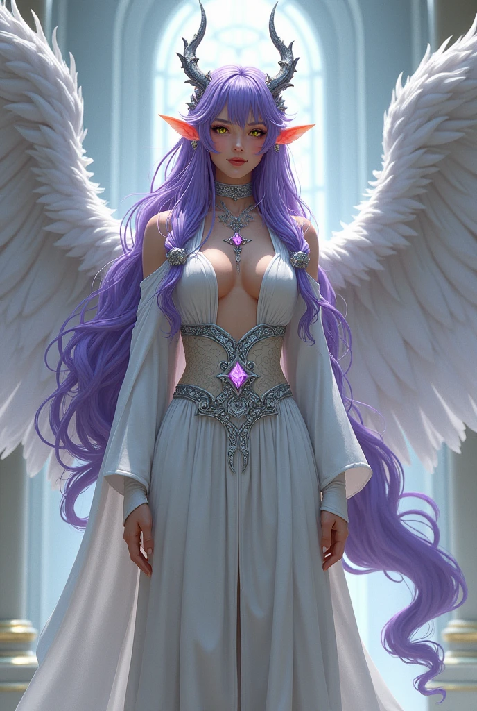 Lunar goddess Karma with Angel Wing wings from League of Legends, with a fully detailed fit body, full detailed face, detailed Eyes, detailed mouth, beautiful covered natural breasts, sexy Make-Up, shy and seductive look, long spreaded legs, realistic style, narrow hips, pretty face, perfect lightning, detailed hair, detailed background, wearing a negligee with lace, wearing Stockings and High heels, getting POV fucked