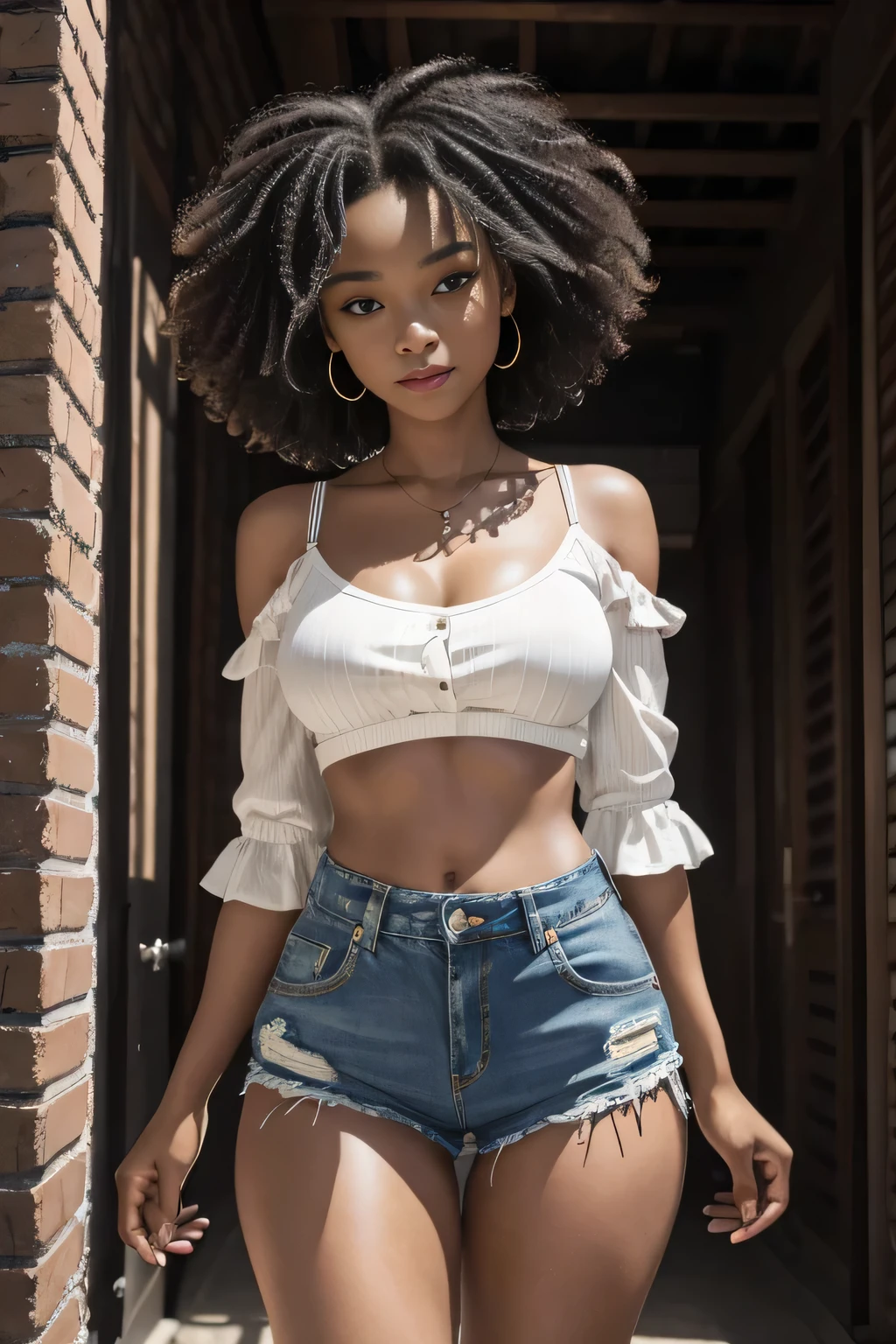 work of art, Maximum quality, ultra-high resolution, 8k, black girl, extremely pretty, whole body, standing alone, fine tune, extreme detailed face, detailedeyes, mischievous grin, happy, photo realist, totally realistic, human skin, studio lighting, perfect, Broad Hips, thick-thighs, , fat ass, big-ass, wearing micro denim shorts and micro blouse, without accessories, curly hair, very tiny breasts, flat-chested,  micro breasts