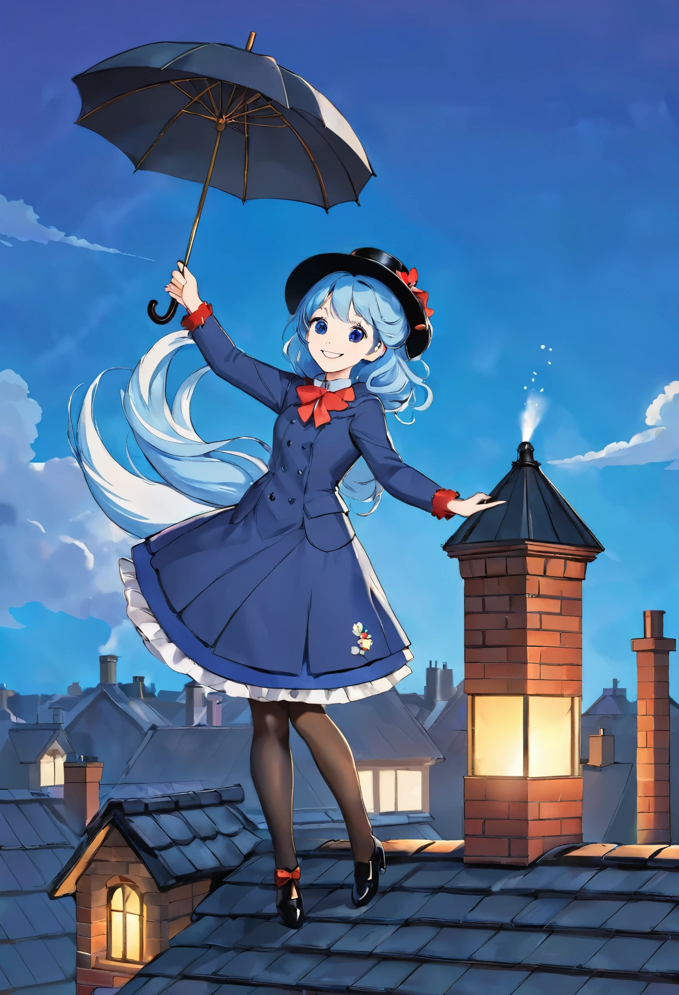 Mary Poppins with long light blue hair, smile、Chimney on the roof, umbrella,Standing on top of a chimney、