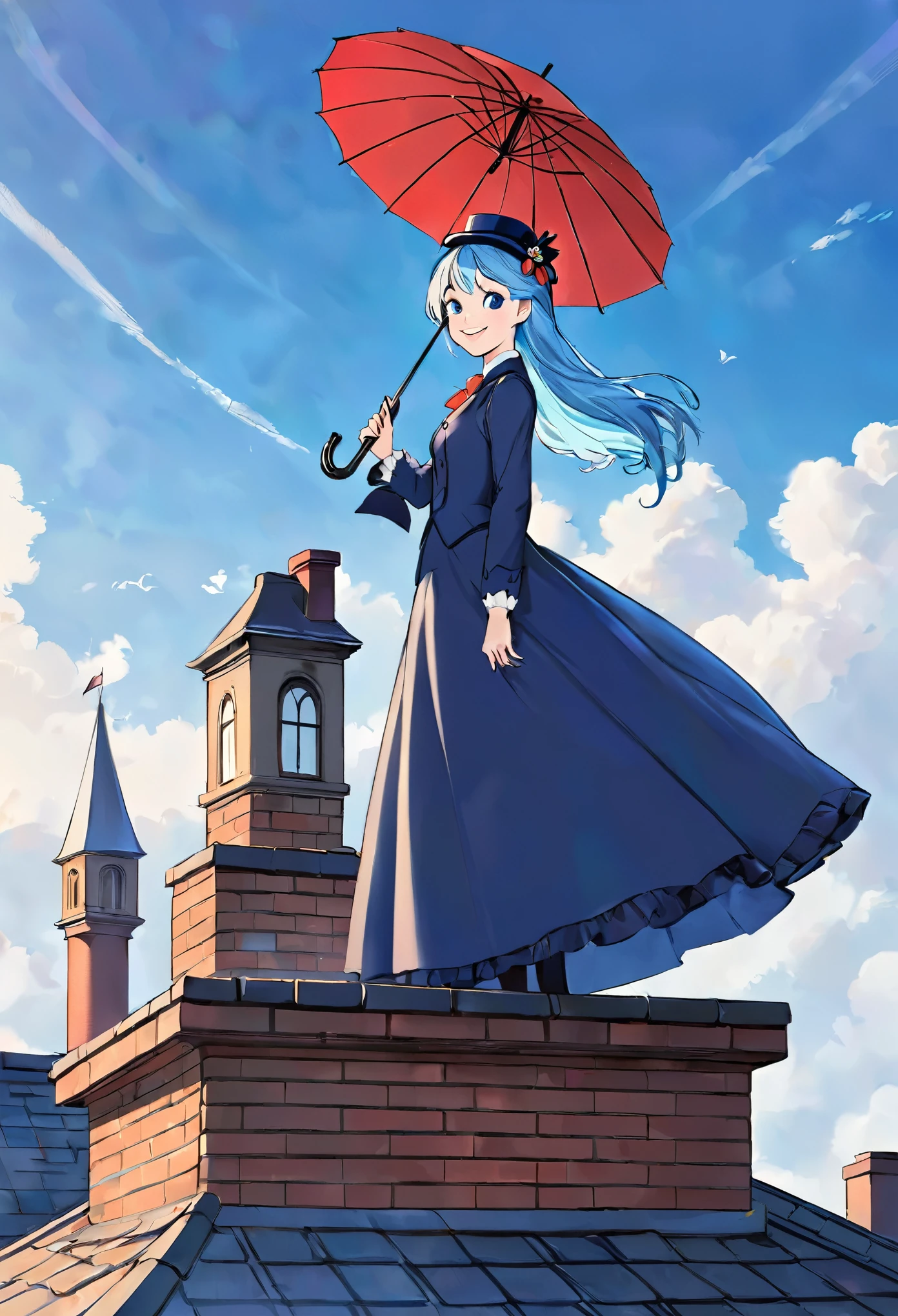 Mary Poppins with long light blue hair, smile、Chimney on the roof, umbrella,Standing on top of a chimney、