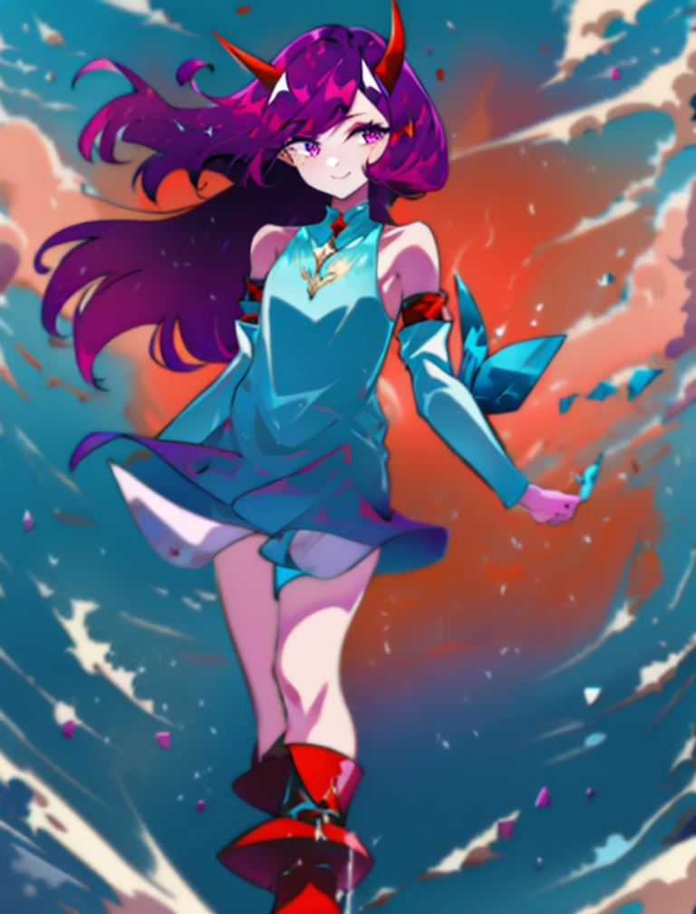 absurdres, masterpiece, 16k, uhd, (8k, RAW photo, best quality, masterpiece:1.2),(best quality, masterpiece:1.2), (Beautiful detailed background),  1girl, solo, full body, smiling, bright pink eyes, BREAK, ((long dark purple hair)), hair blowing in wind, hime cut bangs, eyeshadow, tiny skin-covered forehead horns, BREAK ((cyan shirt)), BREAK (((detached sleeves))), bare shoulders, (red hip armor), (red leg armor), (((red boots))), BREAK, black short shorts, black vambrace, gauntlet, (holding a sword), BREAK, cloudy grey sky, Watercolor style, confident, colorful, mahou shoujo, magical girl, cyberpunk, a heroic heroine from a fashionable futuristic world,