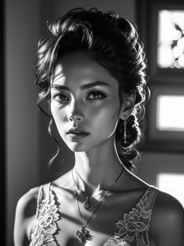 (RAW photo, best quality), (realistic, photo-realistic:1.3), best quality ,masterpiece, an extremely delicate and beautiful, extremely detailed ,CG ,unity ,8k wallpaper, Amazing, finely detail, 1girl, monochrome, solo, realistic, black-and-white photography, looking at viewer, sunlight, portrait, depth of field, necklace, ear rings,  