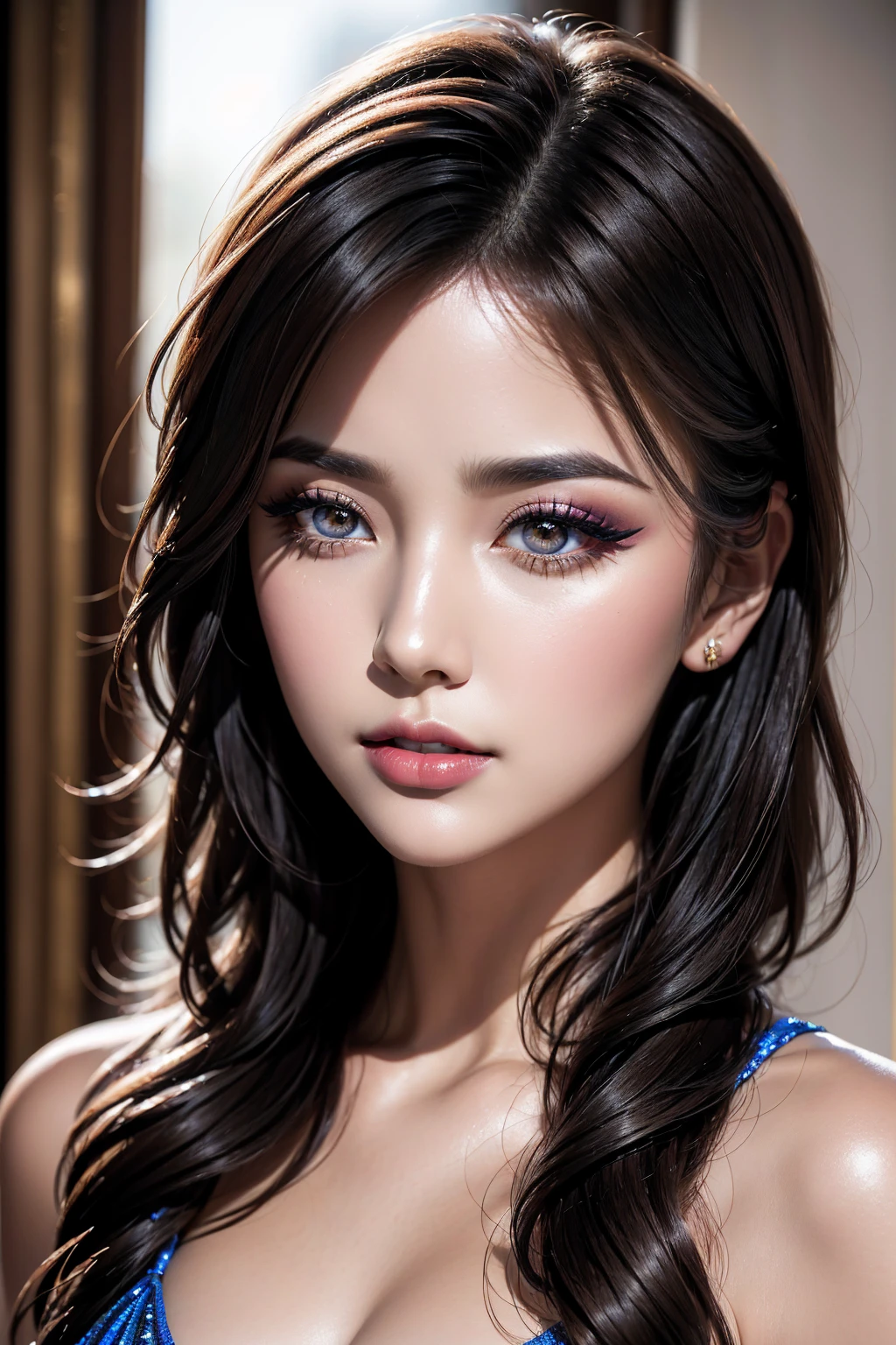 Ultra-realistic最high quality、 8K、 The ultra -The high-definition、1 girl 22 years old、(((small head:1.2)))、((photorealistic:1.5))、 (masterpiece)、(high quality)、 ((absurdres))、 ((ultra sharp))、(Glamour, paparazzi taking pictures of her)、((in the porn scene))、(Super beautiful detailed face:1.5)、(super detailed eyes:1.3)、(super detailed lips:1.2)、(super Detailed nose:1.2)、(cinematic lighting)、((anatomically correct))、((cleavage))、(dynamic random fancy, colorfull hairstyles)、dark shot:1.17、 Long_eyelashes:1.3、 (black_eyeshadows:1.33)、 red_lipstick:1.38、((perfect round eyes))、 dark_pink_makeup:134、((matte skin:1.45))、((cowboy shot:1.2))