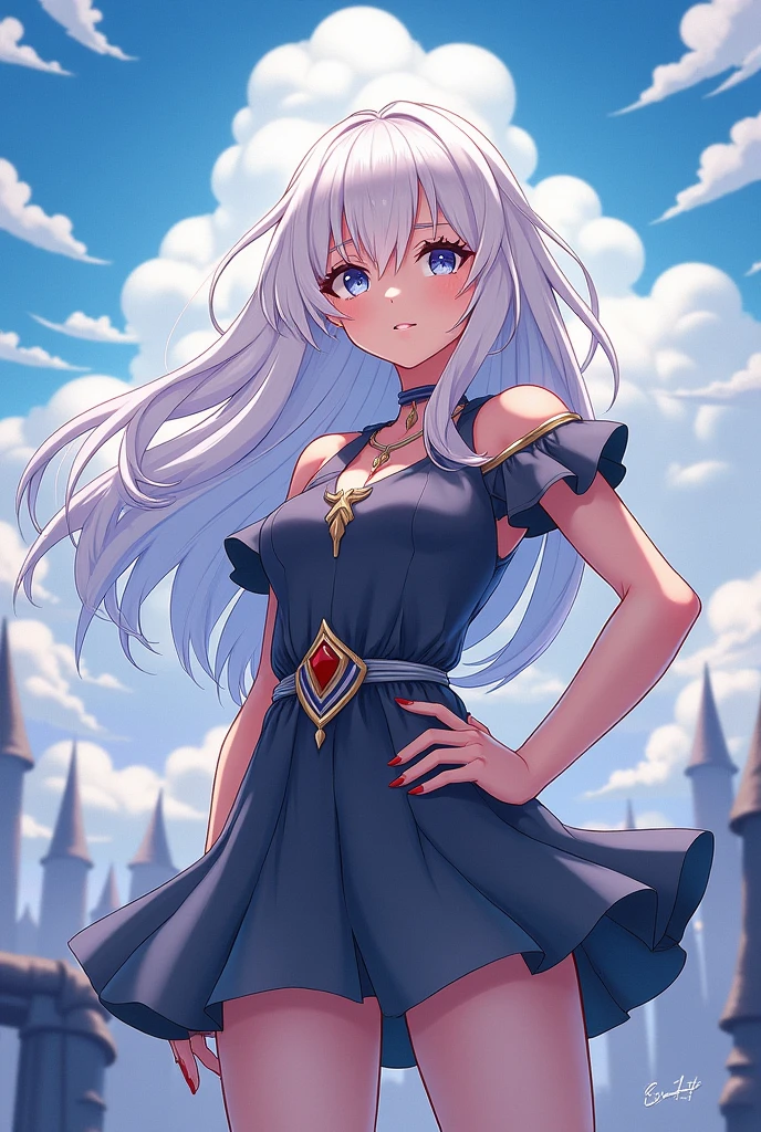 best quality, masterpiece, <lora:Gwenv2:0.7>gwenos, long hair, blonde hair, feather hair ornament, black corset gown, hand on own chest, castle, cloud, sky, outdoors, leaves, looking away, cowboy shot,