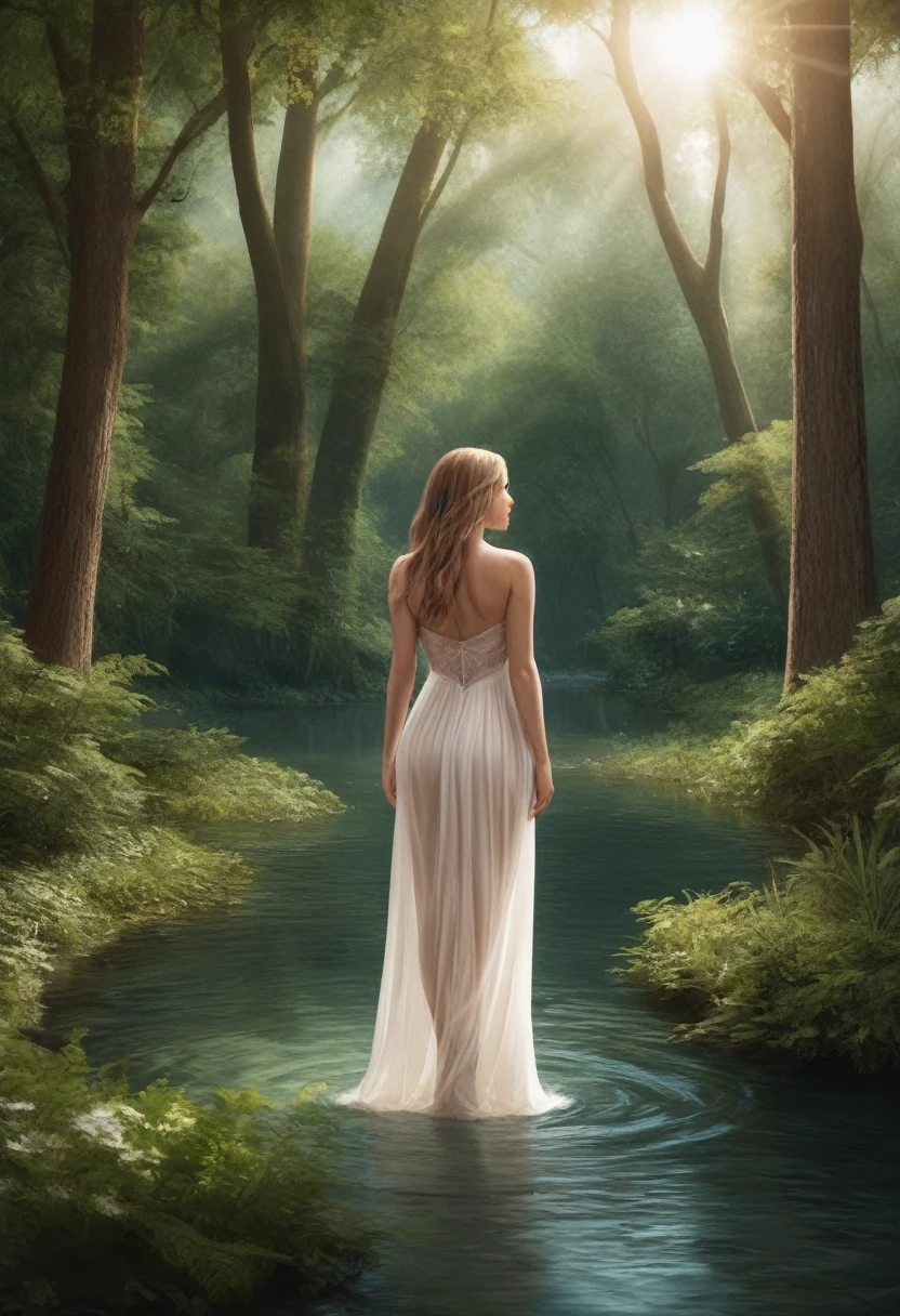 a beautiful naked girl walking through a fairy tale forest, full body shot, highly detailed face and genitalia, (best quality,4k,8k,highres,masterpiece:1.2),ultra-detailed,(realistic,photorealistic,photo-realistic:1.37),porcelain skin, long flowing hair, lush greenery, sunbeams shining through trees,magical atmosphere,breathtaking scenery,intricate foliage,serene pond,warm colors,dramatic lighting