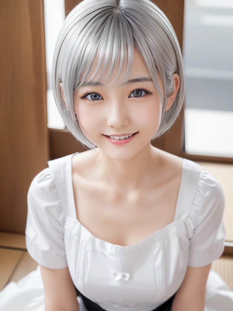1 Japanese girl, 16 years old, incredibly ultra cute, neat and clean, happy smile, detailed charming eyes, detailed face, (laced onepiece, ultra slender, incredibly white and beautiful skin, short silver hair:1.75), (best quality,4k,8k,highres,masterpiece:1.5),ultra-detailed,(realistic,photorealistic,photo-realistic:1.37),highly detailed,intricate details,vibrant colors,soft lighting,beautiful scenery,delicate features,cute expression,elegant pose,on the