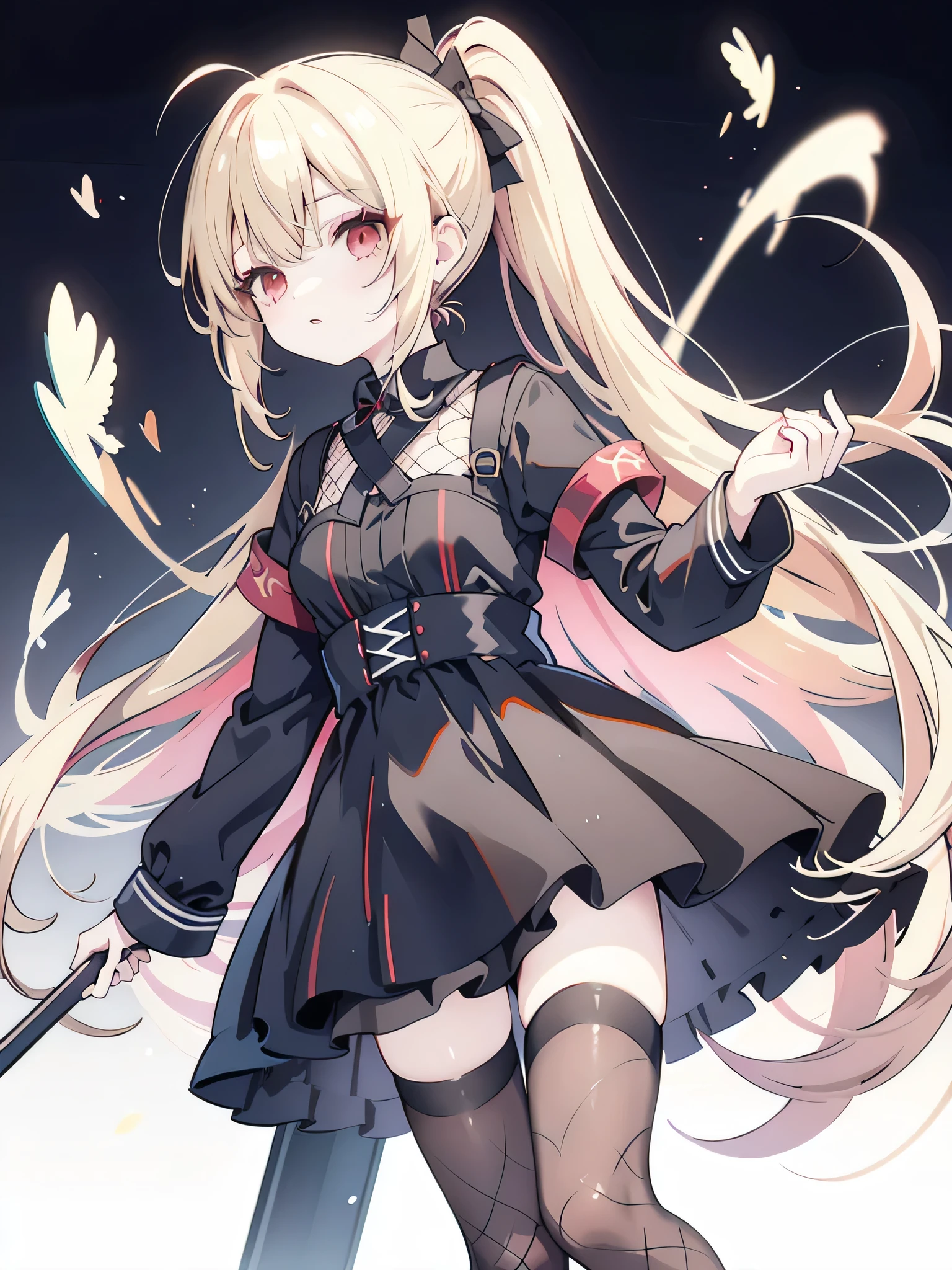 One girl、Blonde、Red Eyes、ponytail、Long Hair、Black dress、Fishnet tights、White background