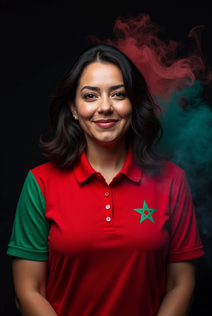 Blonde woman slightly plump, wearing a white and green block polo shirt with Algerian flag pattern, black background with colored smoke realistic photo