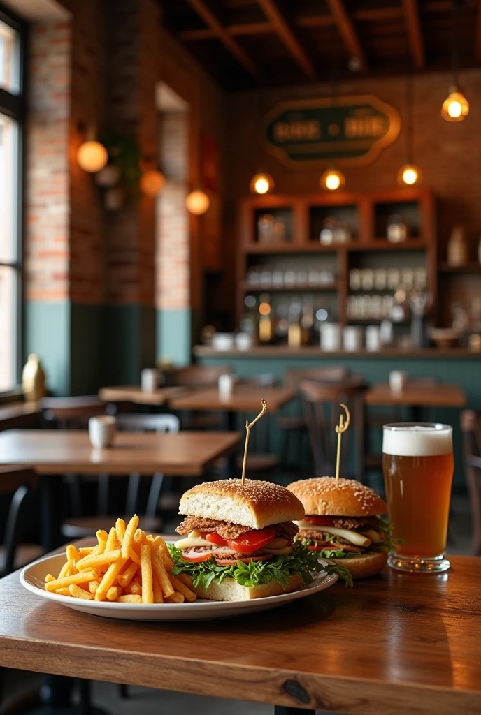 Create multiple photos from different angles of a bar and restaurant that offers a gastronomic experience of sandwiches and local beers 
