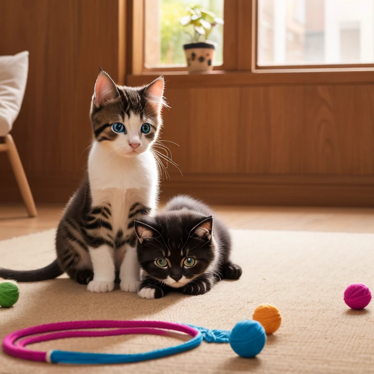 A brown and black tabby cat playing with a ball of blue yarn and a white kitten with gray spots playing with a knitted chick doll in a room and with the legend "Kitty Crochet"