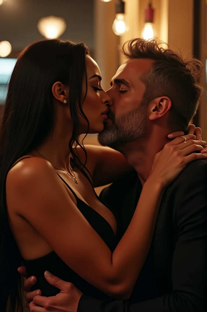 a photo of a beautiful asian woman with large breasts bent over a table. a man stands behind her. she's wearing dark smokey eye shadow. the vibe is dark and sexy. she's facing camera moaning in ectasy. she's wearing an open robe exposing her sexy lingerie underneath. She is exhausted and drenched in sweat. her face and chest are covered in thick white goo. there's used condom wrappers all over the table.