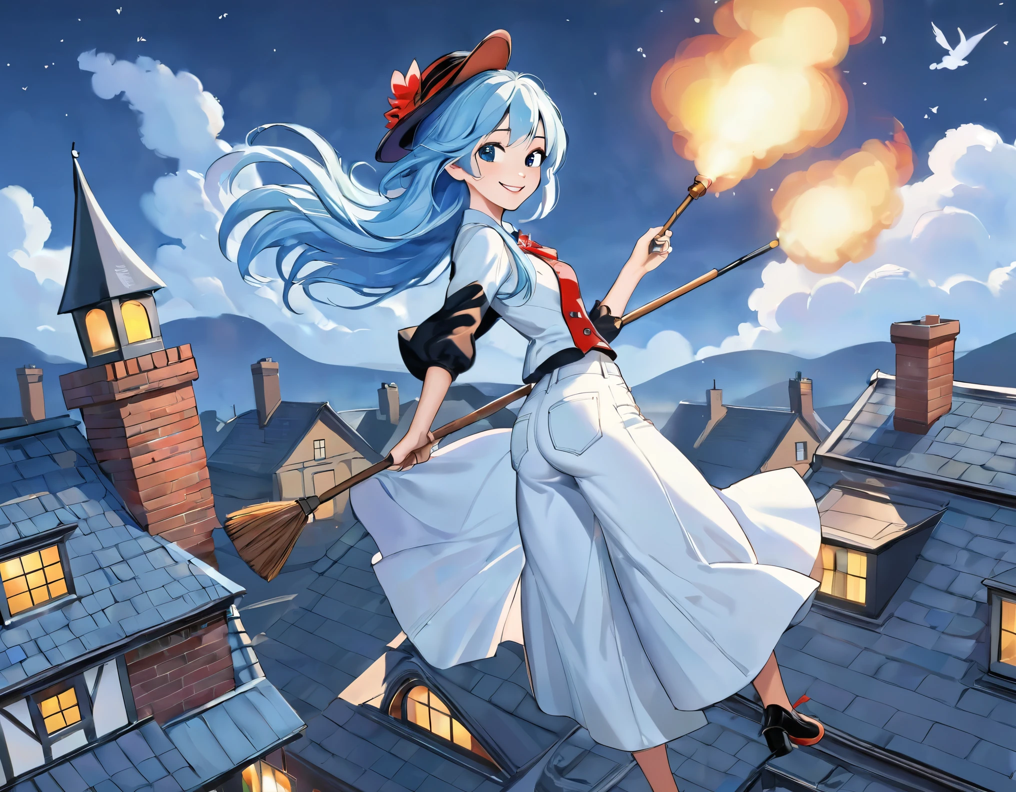 Mary Poppins with long light blue hair, smile、Chimney on the roof, White denim patchwork、chimney sweep