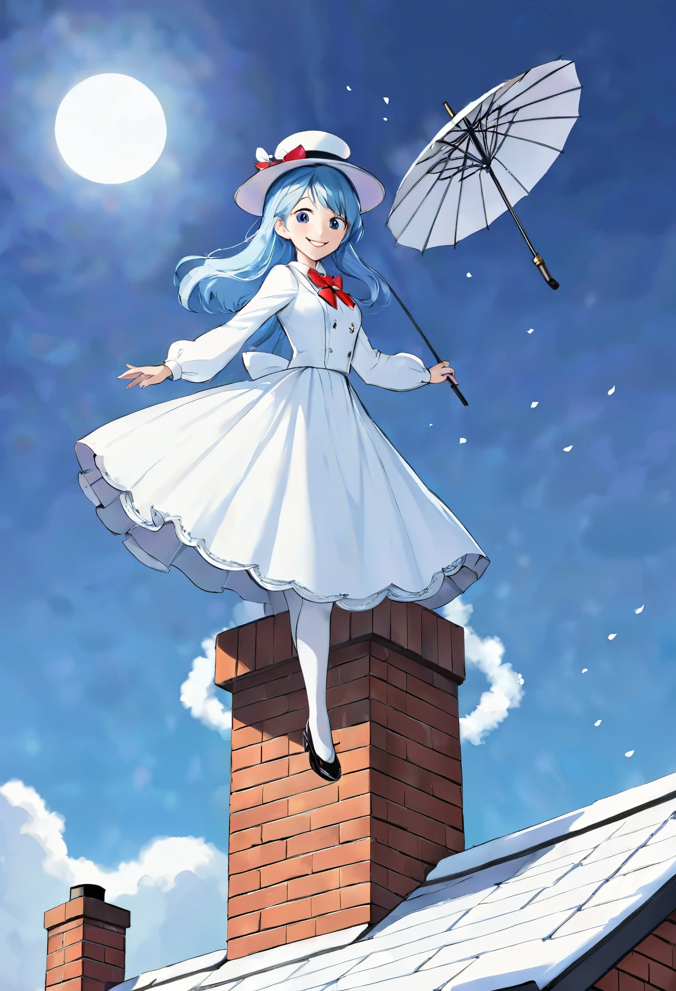 Mary Poppins with long light blue hair, smile、Chimney on the roof, white umbrella,Standing on top of a chimney、