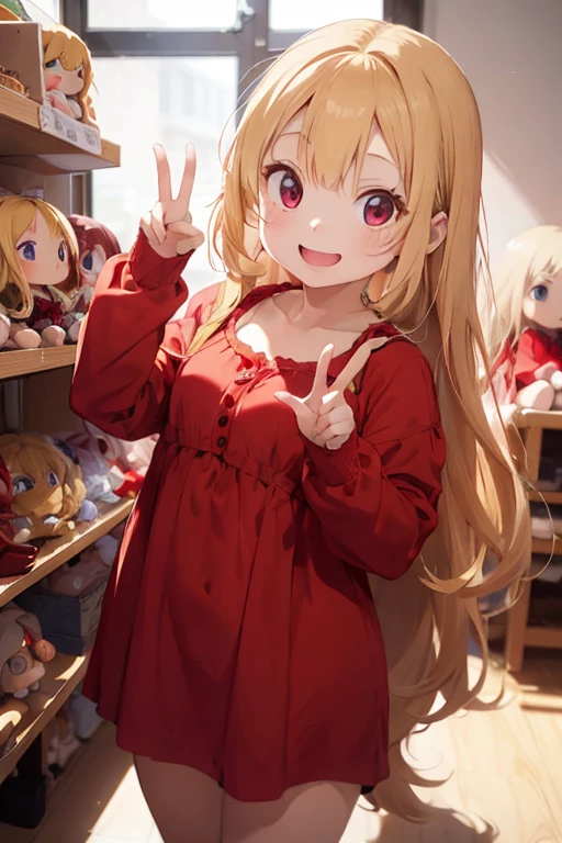 1 female, teenage girl, red long sleeve dress, blonde long hair, rosa cheeks, doll store, playing a dolls, happy face, huge breast, teeth