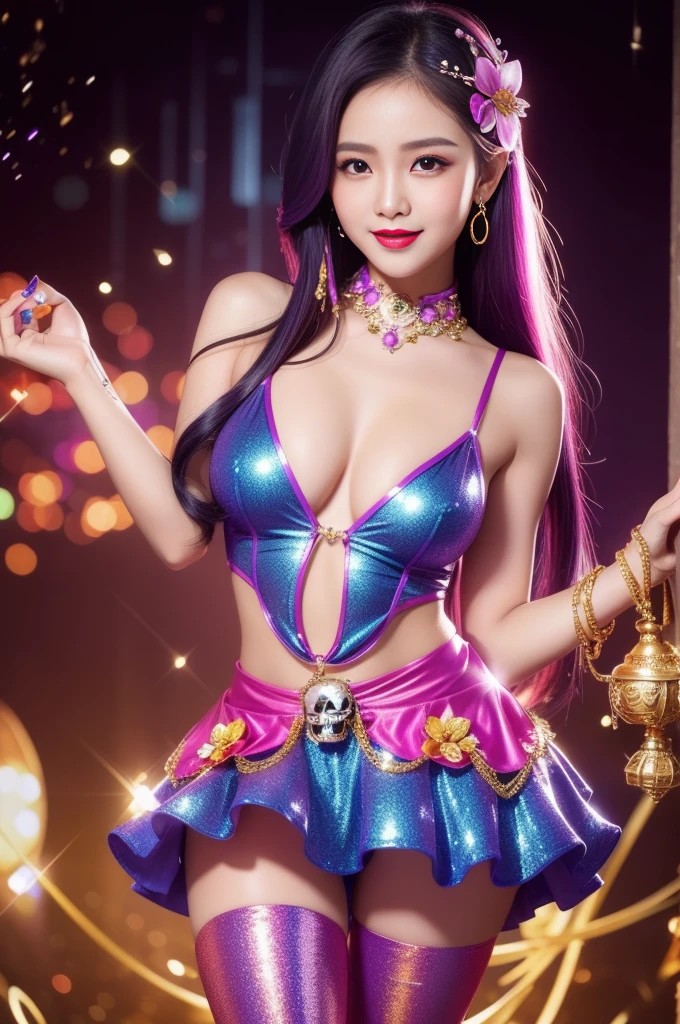 sexy Caribbean model who controls poison、beautiful smile、lipgloss、bold lipstick、intense makeup、look at the camera、full body Esbian、、sparkling poisoned flower costume、、、、sparkling Colorful hair、secrete poison、skull hair accessories、sexy tights、shiny sparkling flowers background