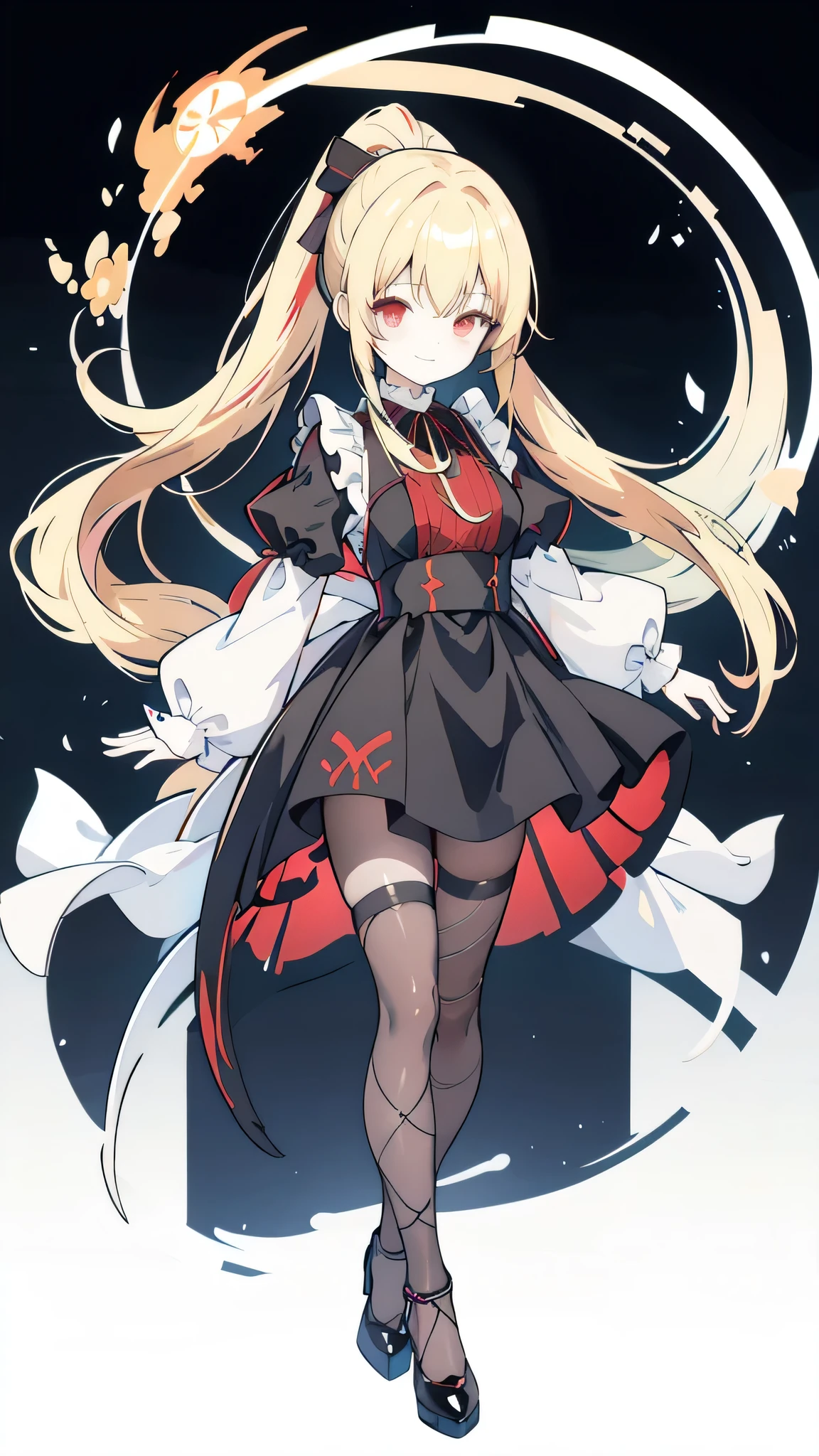 One girl、Character portrait、Blonde、Red Eyes、ponytail、Long Hair、Black dress、smile、Fishnet tights、Black pumps、White background