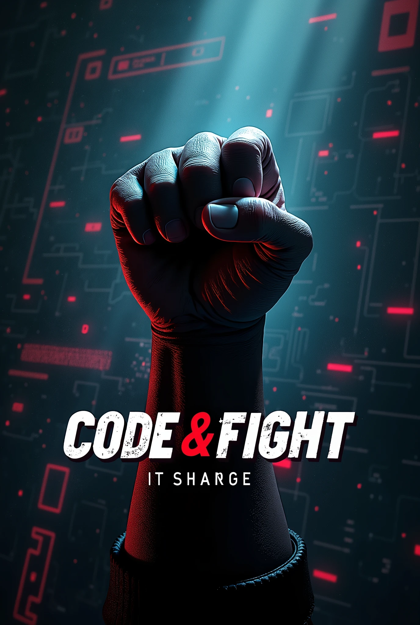 a detailed portrait of Camy Street Fighter IV, in combat position, holding a sign that says "Alpha C0ders" with a background of Python and JavaScript programming themes, highly detailed, photorealistic, cinematic lighting, dramatic composition, digital art