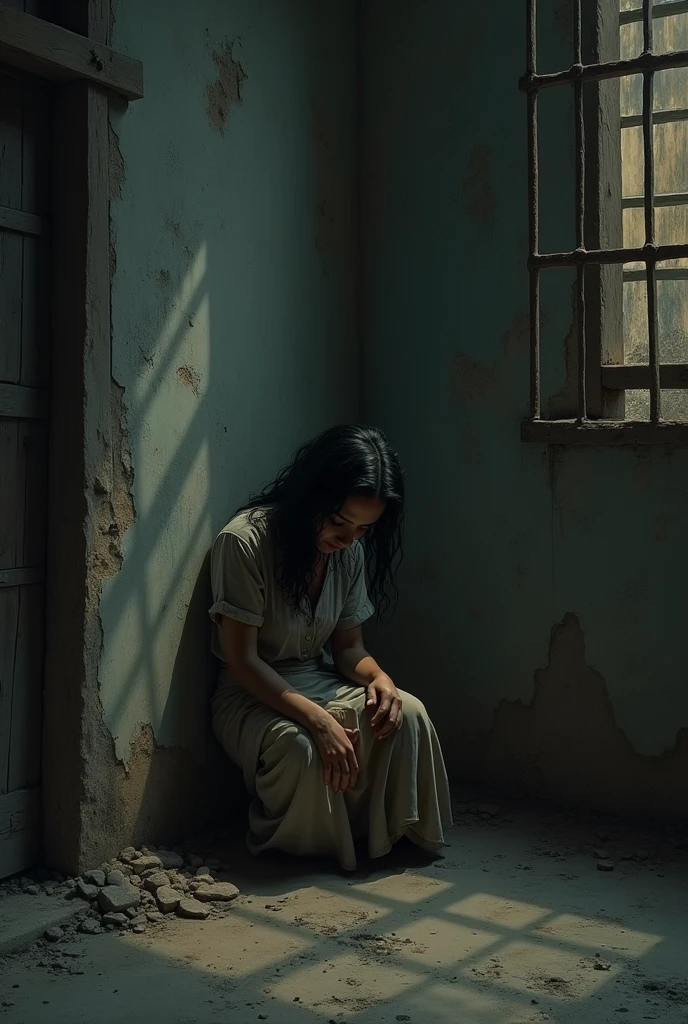 In the background there is a somewhat old armchair with some small bottles on the side with dirt inside.. On the edges without touching the roots some violet flowers. There are no windows or pictures, the room is dark. There is an adult girl sitting on the side of the chair with dirt in her hands, His face has no emotion and he feels empty.