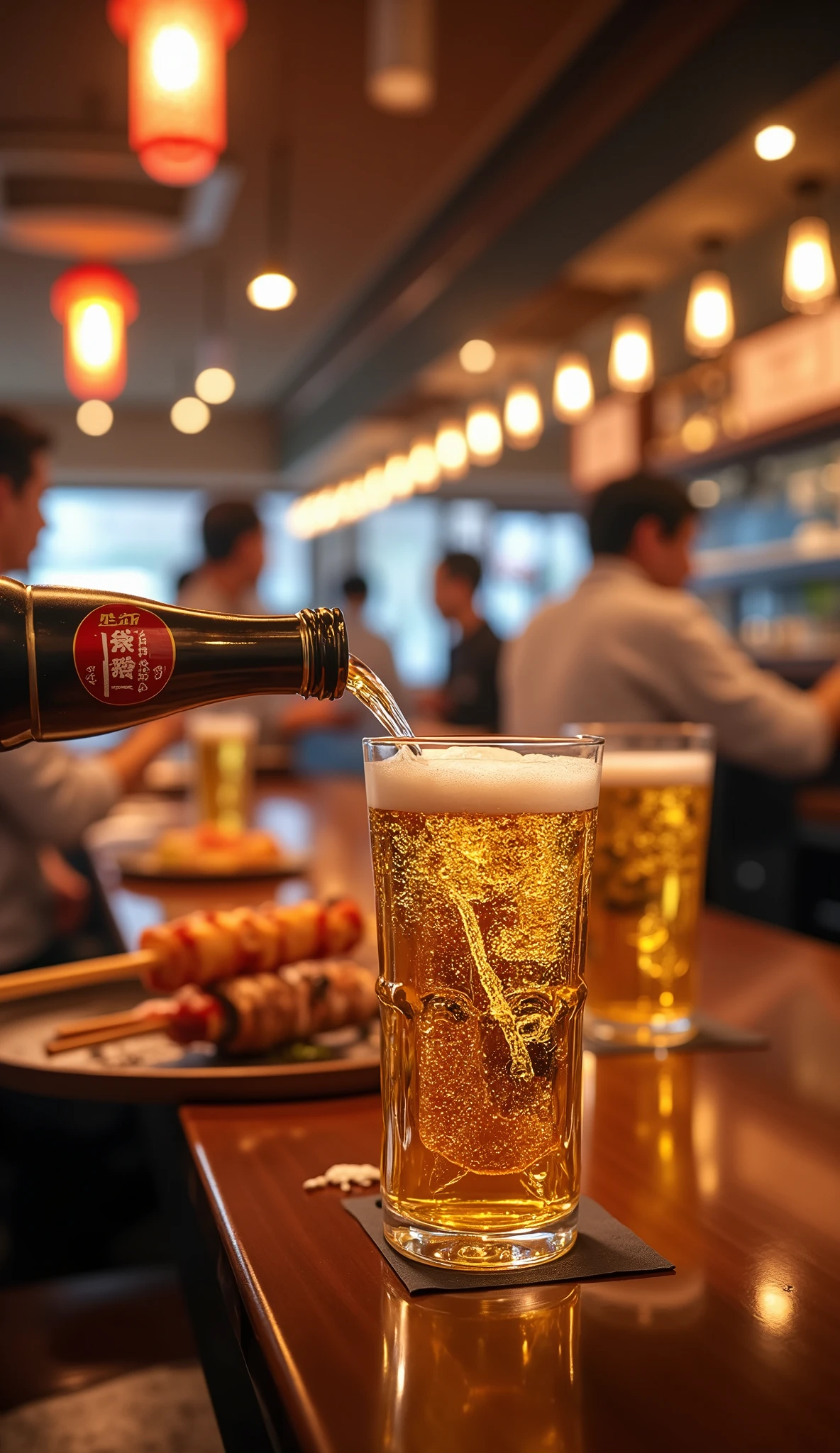 Japanese Izakaya、Japanese Skewer Restaurant、Skewers、Clear and golden beer、Asahi Superdry、Crystal Glass、Beautiful beer、Cold beer、Chic interior、Bustling interior、highest quality, High resolution, High resolution, masterpiece, detail, High detail, quality, High-resolution model, Ultra high definition, Very detailed, 3D Rendering, Realism, SurRealism, Super detailed, Fujicolor, Expressionism,