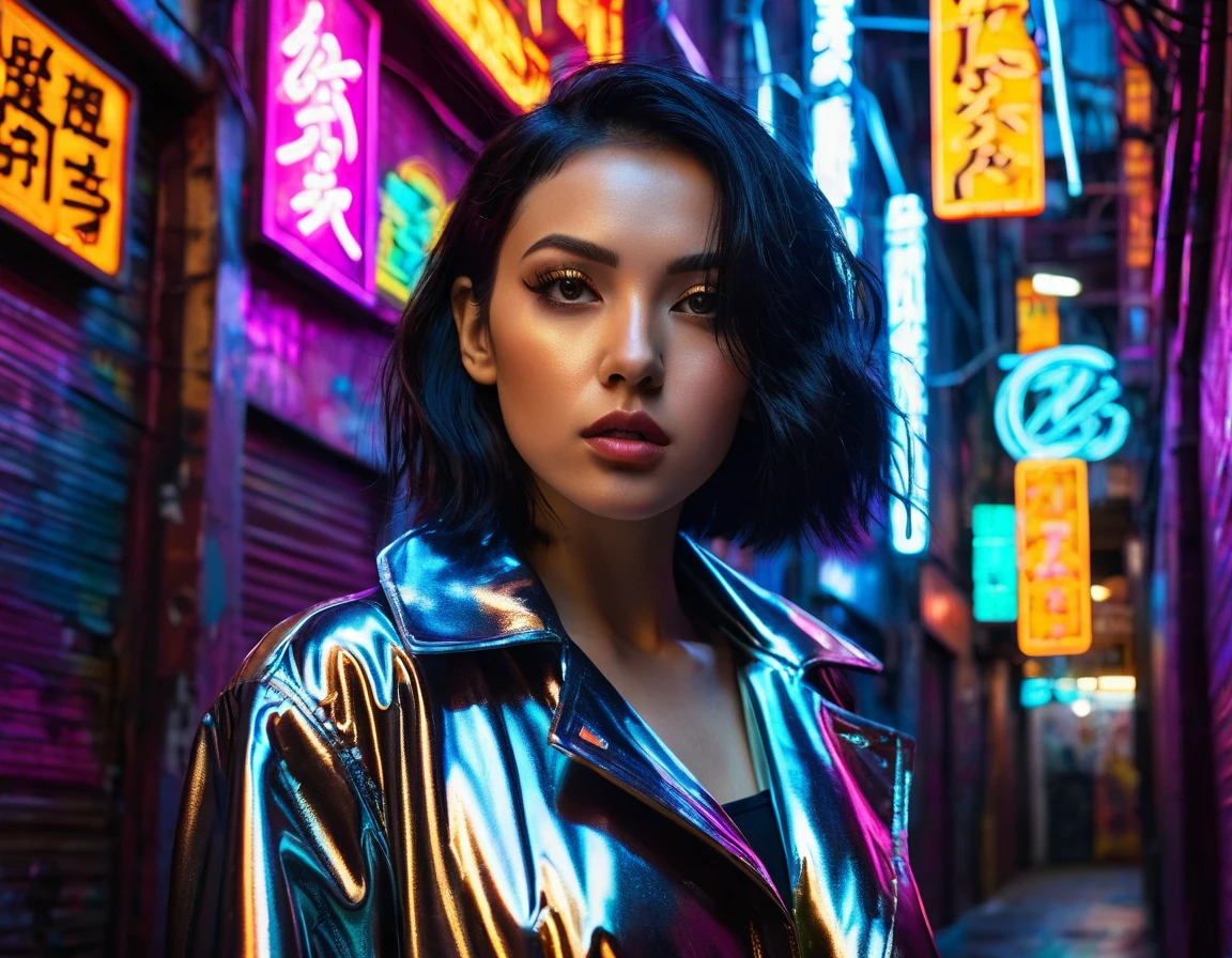 Top Quality, Masterpiece, High Resolution, 8k, wide objective, full body shot, ((cute skinny girl in shiny silky puffer outfit with plunging neckline, low dekollete, wide neckline, deep neckline, long pixie asymmetrical hair, bright neon, cyberpunk, night, dim light only from a lantern)) view from far