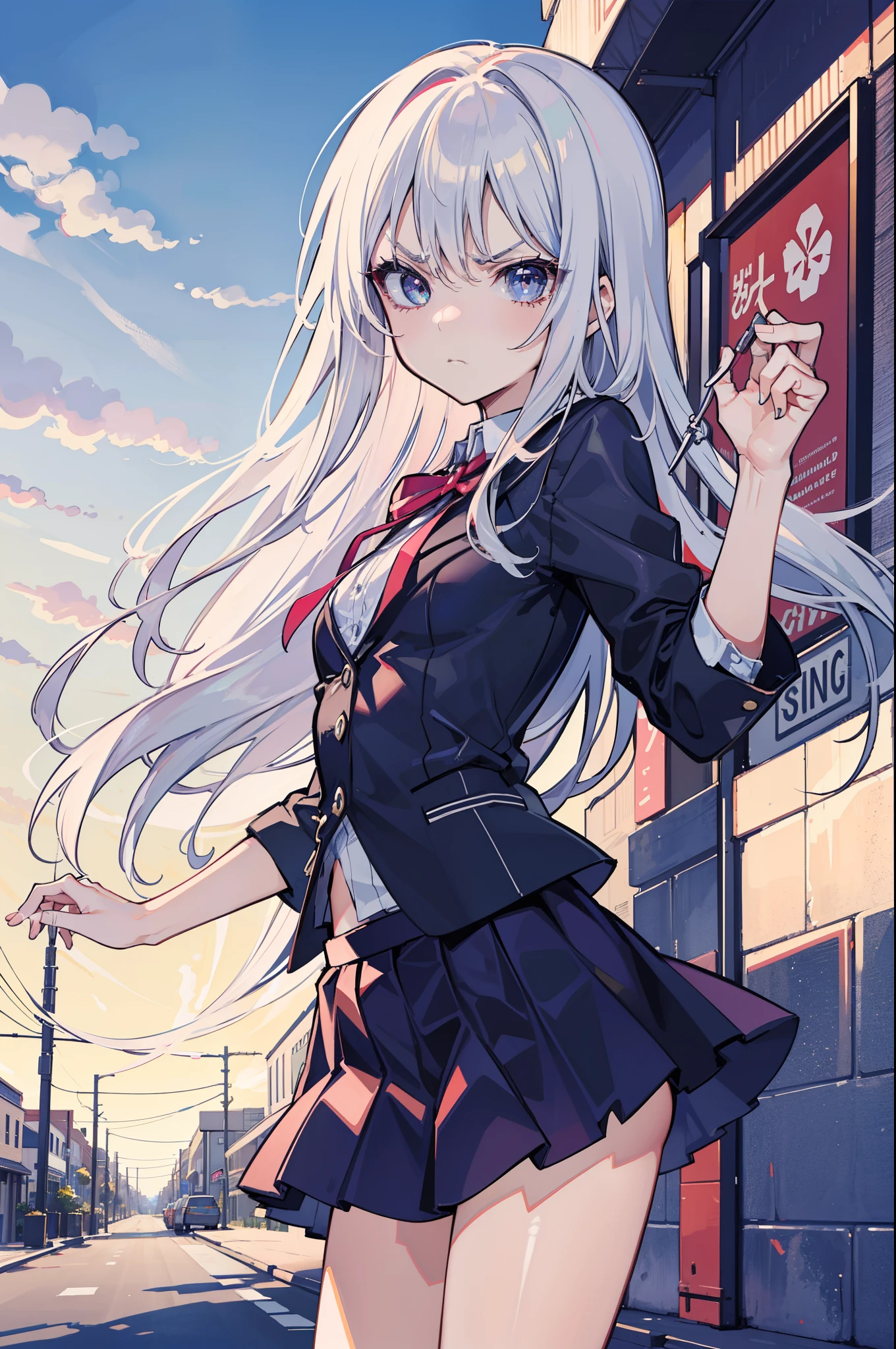 White pantyhose,White hair,Crazy people,Long hair,Cat ear,Heterochromia(Left blue right red),Female face,There are bright spots in the eyes,flat chest,red halo,night,uninhabited alley,Black skirt,With a knife,There are blood stains on the clothes,Blood stains on face,Loss of light in the eyes,Shadow on the face,Fake laugh,Blue tie