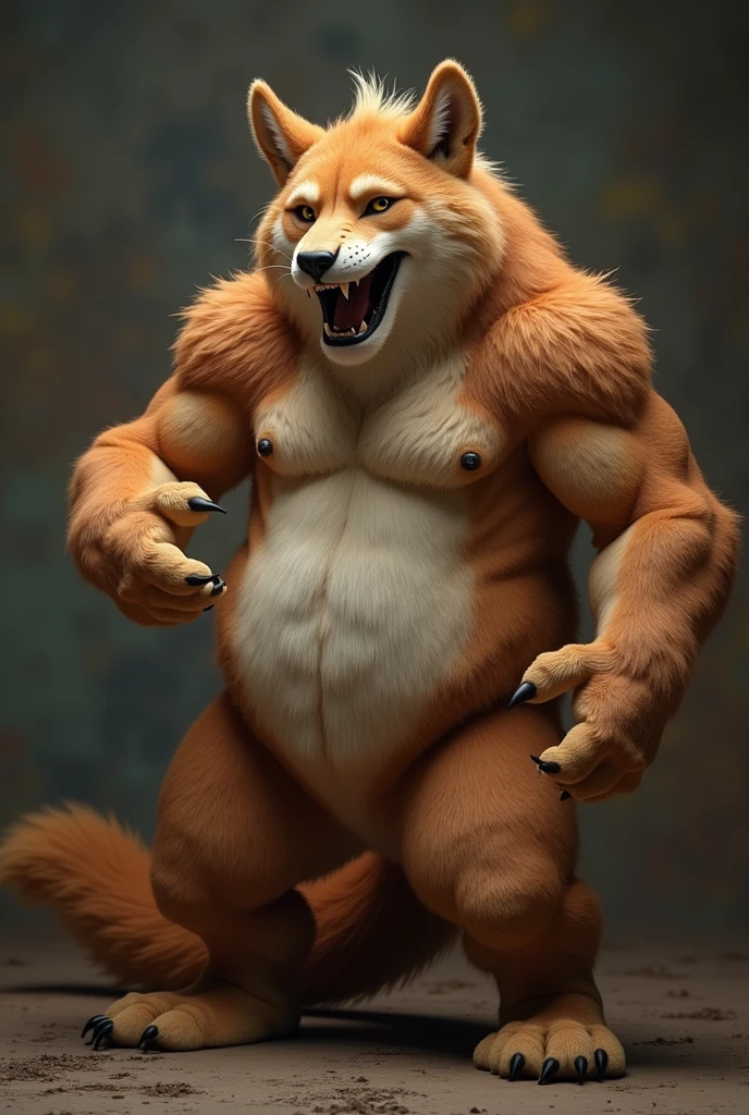 2 giant werewolves in a realistic style, muscular and hairy on a dark background, without humanoid features and with the whole body, with clear gray eyes well detailed, with intense yellow fur inside a cozy cave with textured walls, sitting scratching the balls, big dog knot penis, on a top of a leather fur blanket.