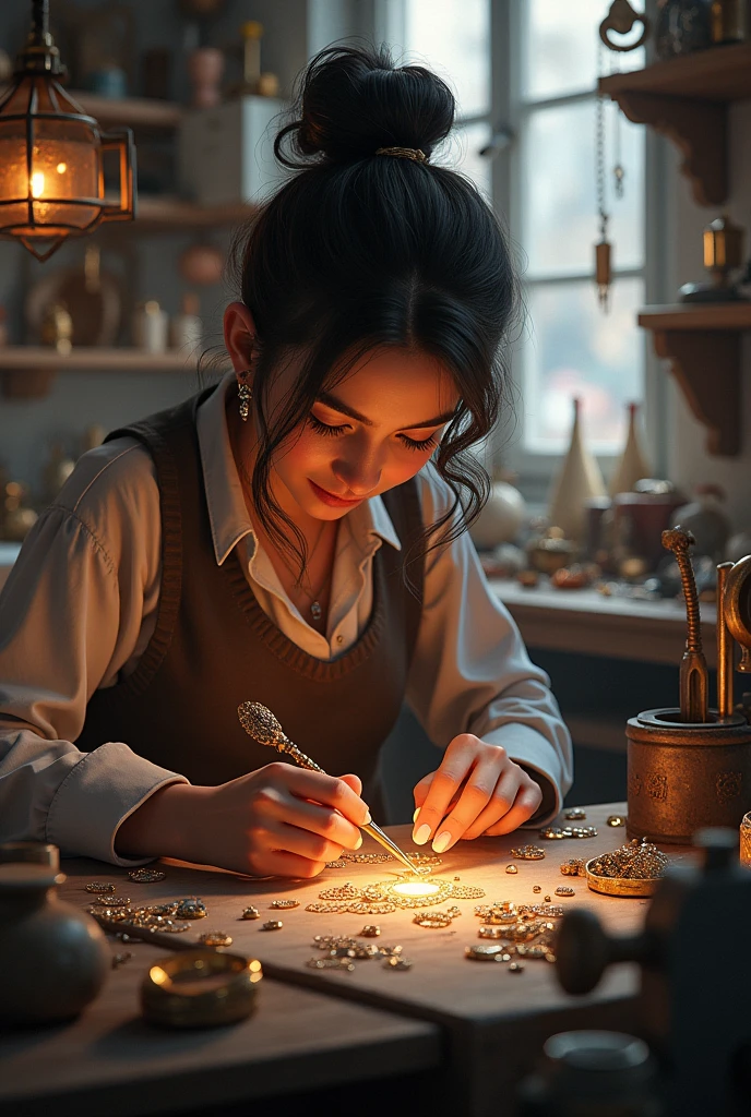a tough huntress sharpening a survival knife, candles, peaceful, lush, digital painting, detailed, studio quality, realistic, low light, after hours, atmospheric lighting