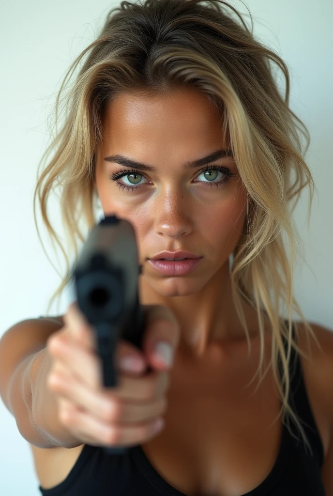 ((( masterpiece ))), (((Highest quality))), ((Very detailed)), (photograph), ((Very delicate and beautiful )),High resolution,
One girl, Age 18,
(Detailed eyes), (Detailed facial features), (Detailed Weapons), (Detailed fingers), (Leg details),
(Eyes visible through hair), ((Drunk Eyes)) , (Embarrassing :1.2),
(Toothless smile),(((Fuller lips))),
(Bedroom scene),(Upper Body),topless,
((Dim Light)),((Film Grain)), ((Single-lens reflex camera)), ((35mm lens focal length)) holding a hand gun pointing at the viewer . Blonde hair