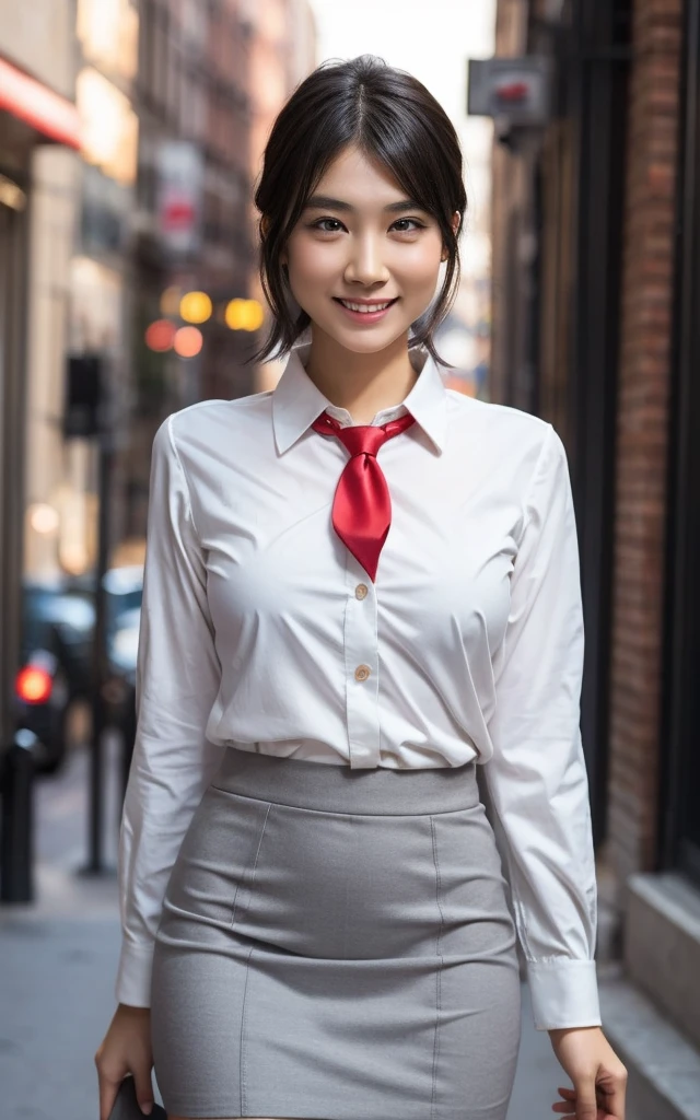 Gorgeous, cute face, happy face, indonesian 25 Yo top model woman in white blouse paired with red pleated skirt & red tie layered dark hair, standing at class-room with big glass window with perfect city view