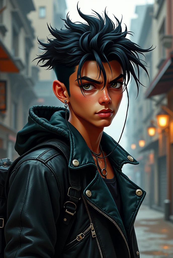 Teenage boy with logan hair smoking cigar with arms crossed wearing anime style leather jacket