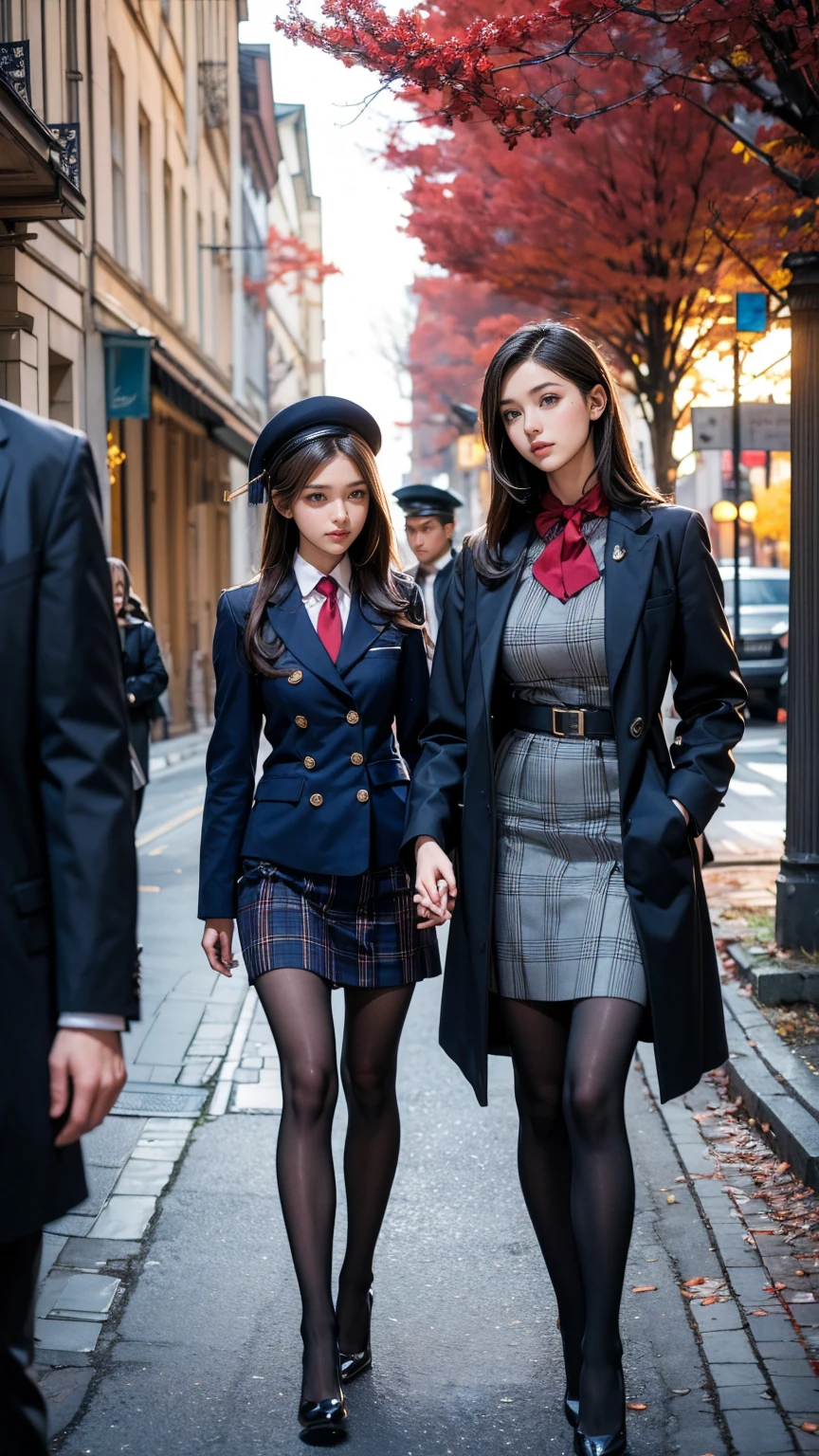 A photo of two mature Japanese gals wearing cardigans with leather shoes and shiny black leather gloves,ribbon bowtie,Eyes open,Heavy makeup face,Ultra-detailed face, Uniform Cosplay,eye make up,Profile of a woman with her legs crossed at the entrance to the subway. Ultra Mini Skirt,The girls are looking at each other,eye contact,School Bags,This photo was taken in daylight with soft lighting..、The girls are sitting on the ground.。. This photo was taken by someone on their cell phone..、Apparently it was posted on Snapchat.。.