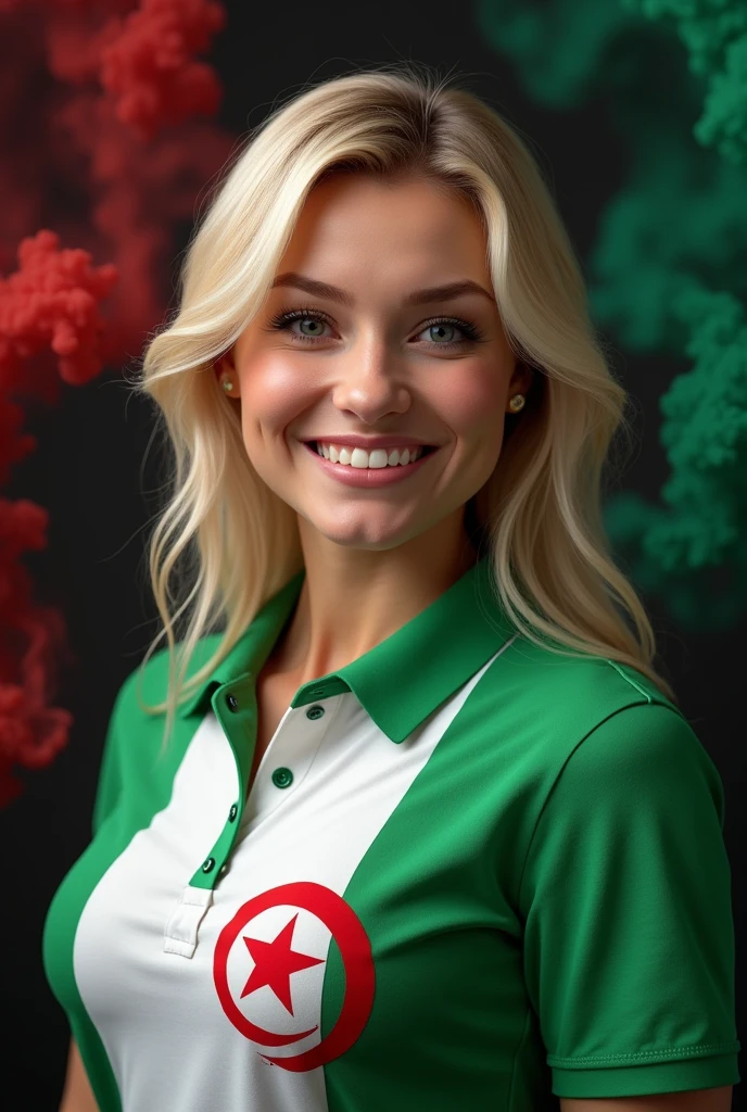 Blonde woman slightly plump, wearing a white and green block polo shirt with Algerian flag pattern, black background with colored smoke realistic photo