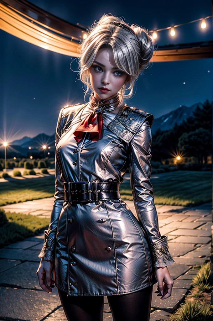 masterpiece,best quality, masterpiece, high detail,detailed face,detailed eyes,rendered eyes,perfect eyes,hip lines,crisp image,detailed,amazing,8k,8k wallpaper,8k background,high detailed skin,high res, (((cowboy shot))), solo, 1girl,looking at viewer,WillowSchnee, white hair tied up in a bun, low on the right side of the back of her head, while her bangs are shaped around the left side of her face and a small, curled lock of hair reaching almost to her shoulders. her attire consists of a red dress, white cravat secured by a silver brooch set with a red stone,  a wide belt around her waist,  black tights and red shoes. serious expression, outdoors, night, stars, standing near mansion, wedding reception, on mountainside, overlooking valley, river,  (crowd in military uniforms), tables (volumetric lighting), sharp focus, hyper detailed 